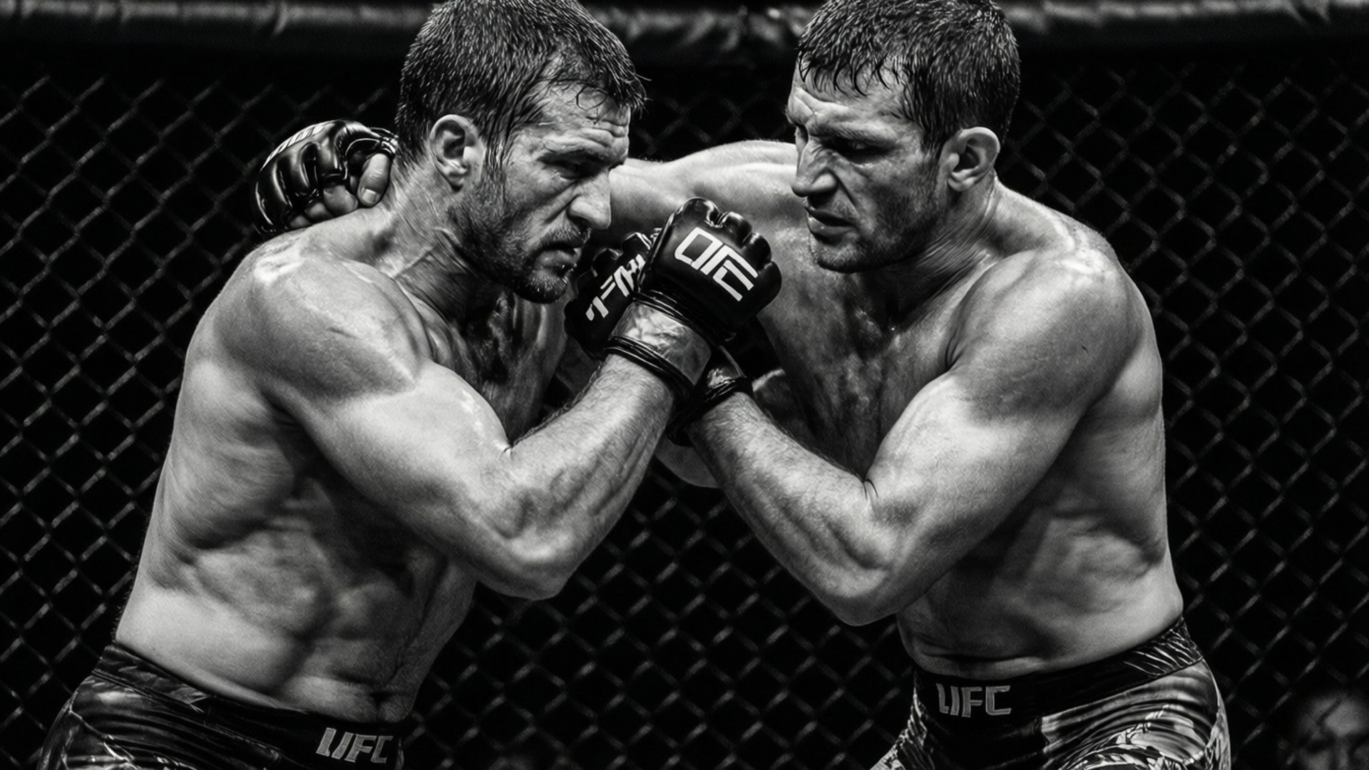 Mixed Martial Arts 桌布 壁紙 — 兩名肌肉發達的拳手在UFC八角籠中激烈纏鬥，高對比度黑白照片。