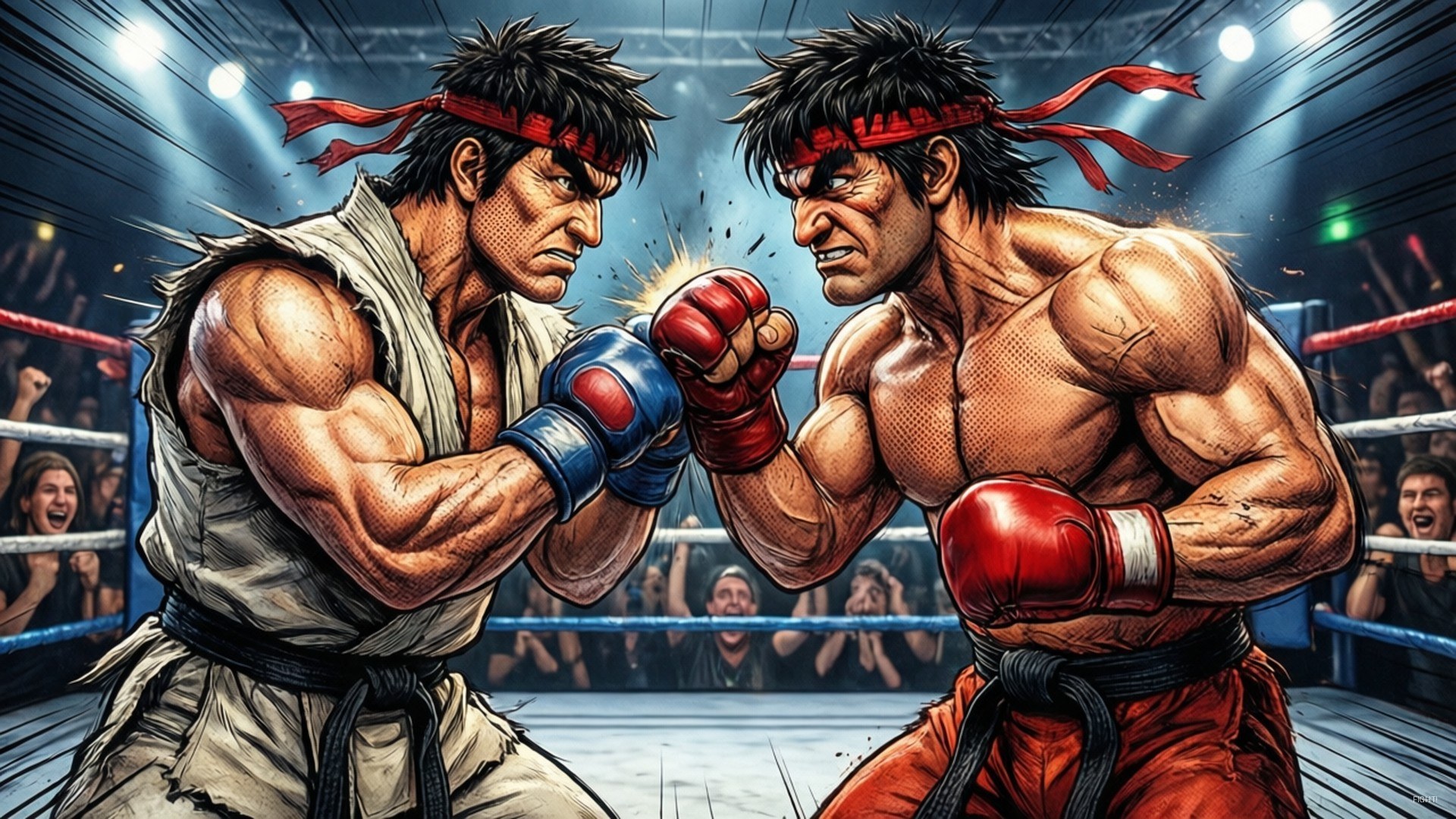 Street Fighter Tournament Clash 壁紙 — 兩名肌肉發達的拳擊手在拳擊場上，在明亮的場館燈光下揮拳相向，興奮的觀眾在旁觀看。