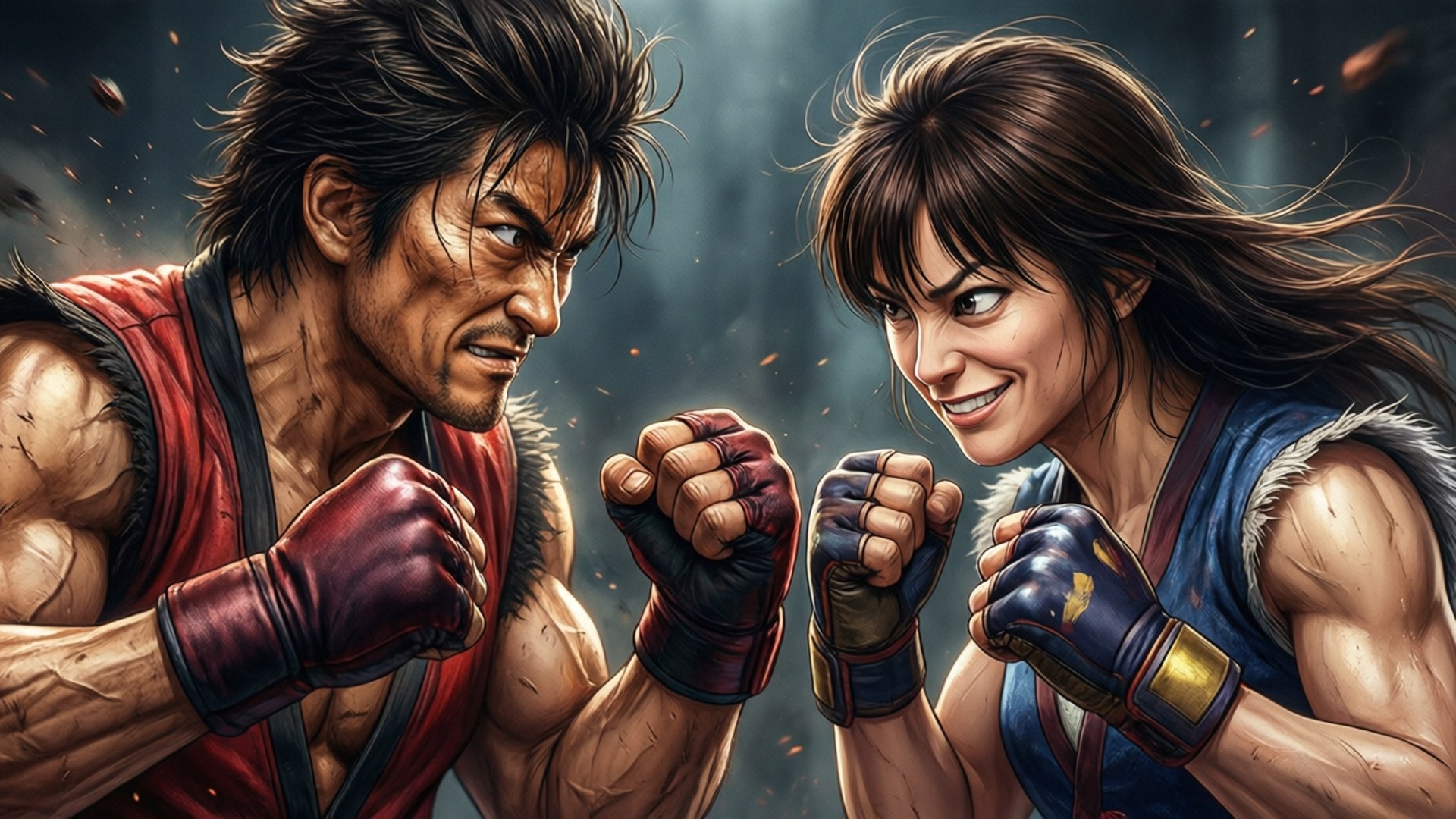 Friendly Rivalry 壁紙 — 兩名肌肉發達的戰士身穿紅色和藍色道服，在潮濕的沙礫競技場中握拳對峙。
