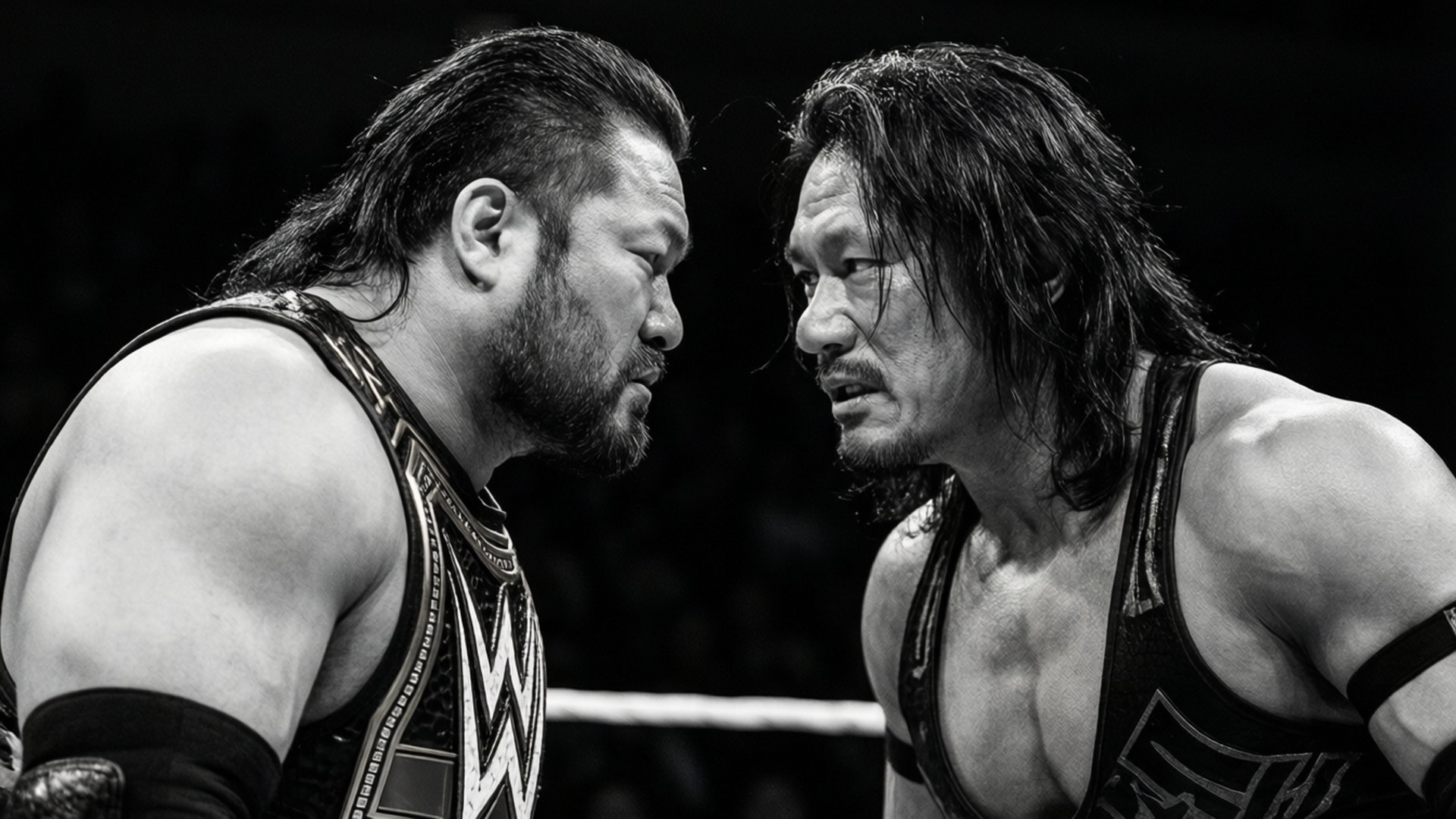 Big E vs Nakamura Stare 壁紙 — 兩名肌肉發達的摔角手在擂台上以緊張的黑白特寫對峙。