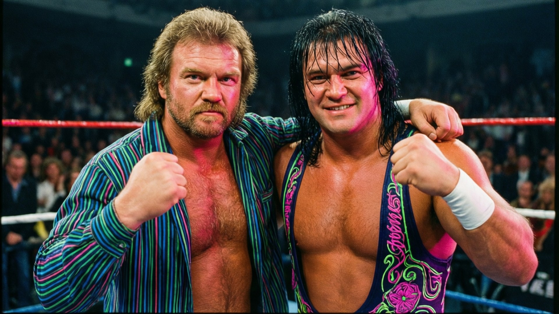 Tag Team Duo 壁紙 — 兩名肌肉發達的摔角手在擂台上自信地擺姿勢，一人穿著條紋襯衫，另一人穿著花卉圖案背心，身後有群眾。