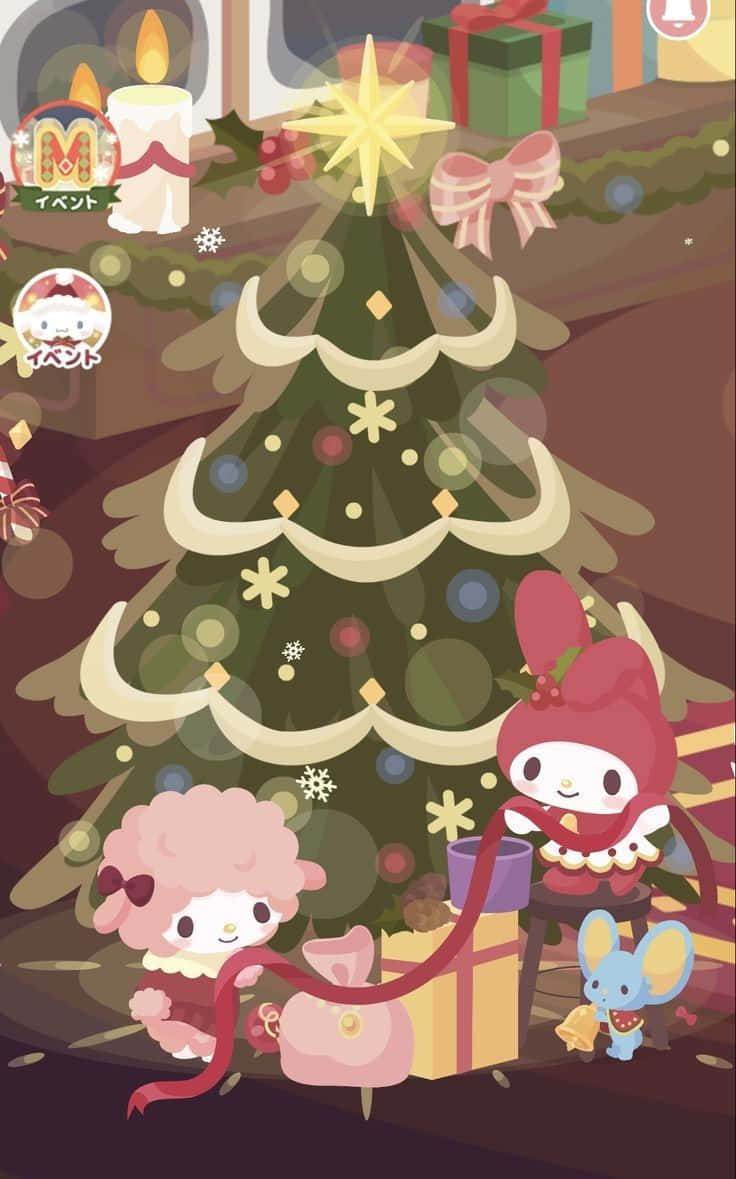  壁紙 — 兩個My Melody角色圍繞著裝飾好的聖誕樹，伴隨著禮物、蠟燭和一顆閃亮的星星慶祝聖誕節。