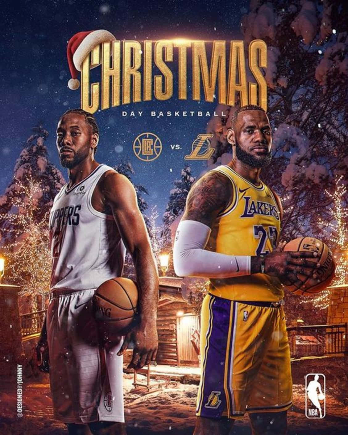 兩名NBA籃球運動員穿著冬季裝備，在雪地節日場景中手持籃球。 — NBA聖誕節 壁紙