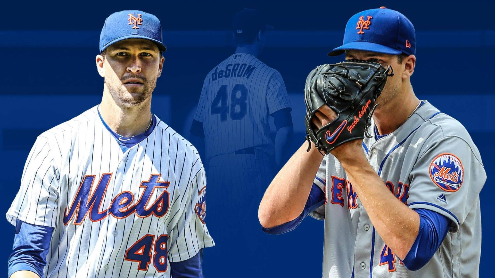 兩名紐約大都會棒球選手穿著球隊制服為宣傳照擺姿勢。 — MLB 壁紙