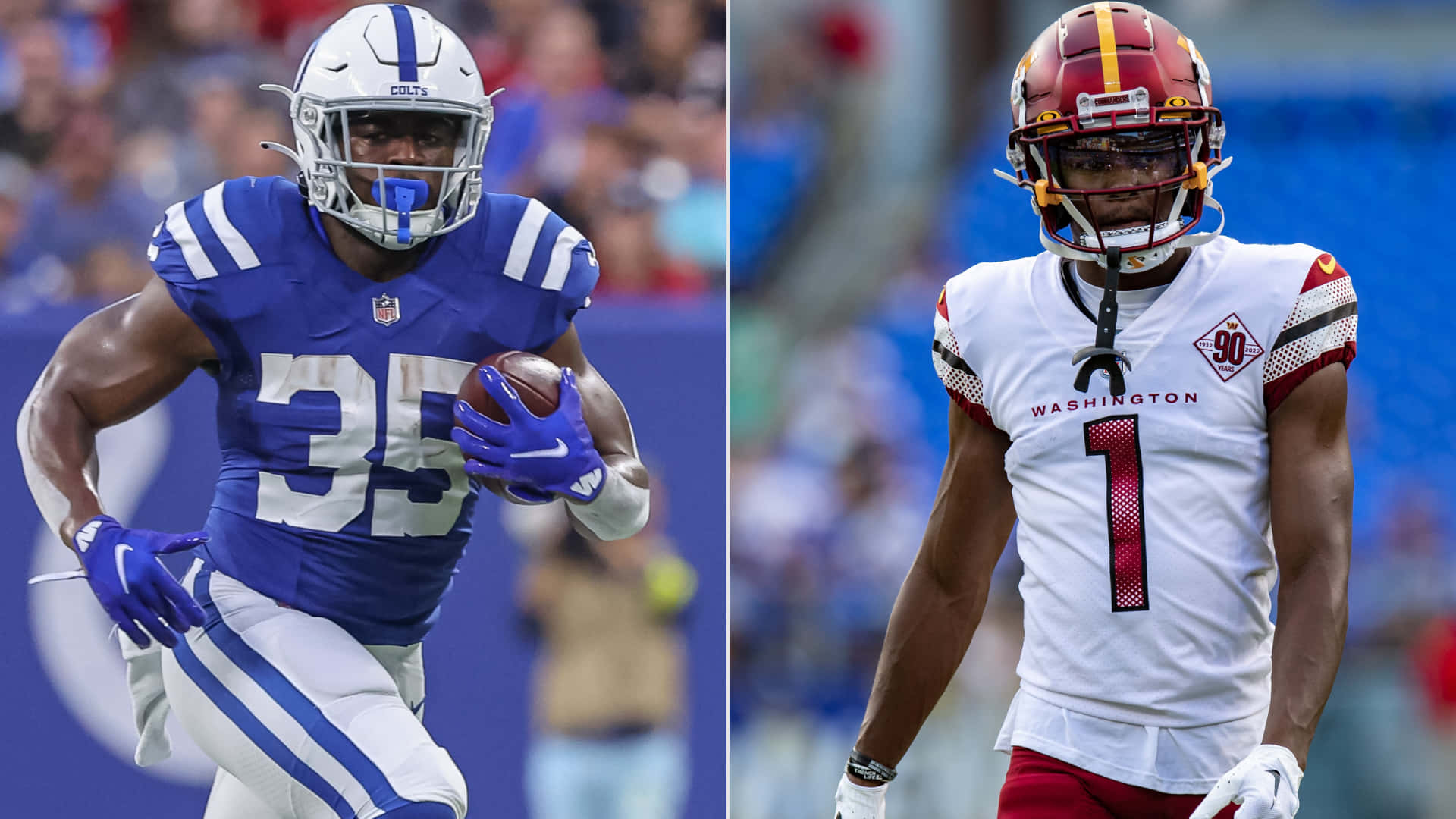  壁紙 — 兩名NFL美式足球運動員正在比賽中，一人身穿藍色Colts裝備持球奔跑，另一人身穿白色Washington裝備站立。