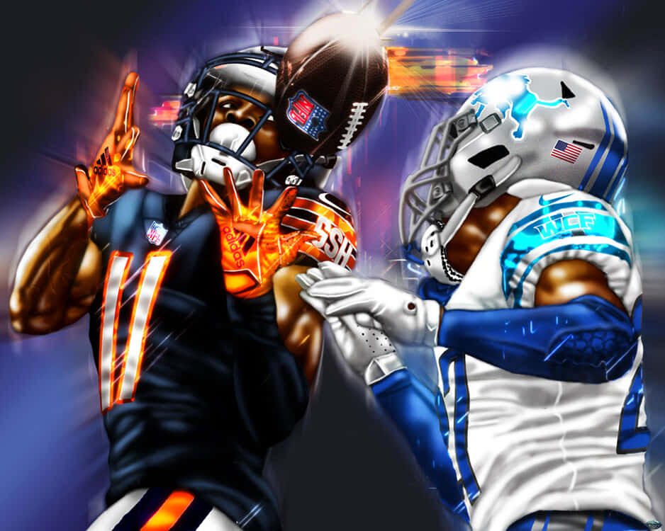  壁紙 — 兩名NFL美式足球運動員以動態姿勢碰撞，發光的手掌映襯著充滿活力的霓虹體育場背景。