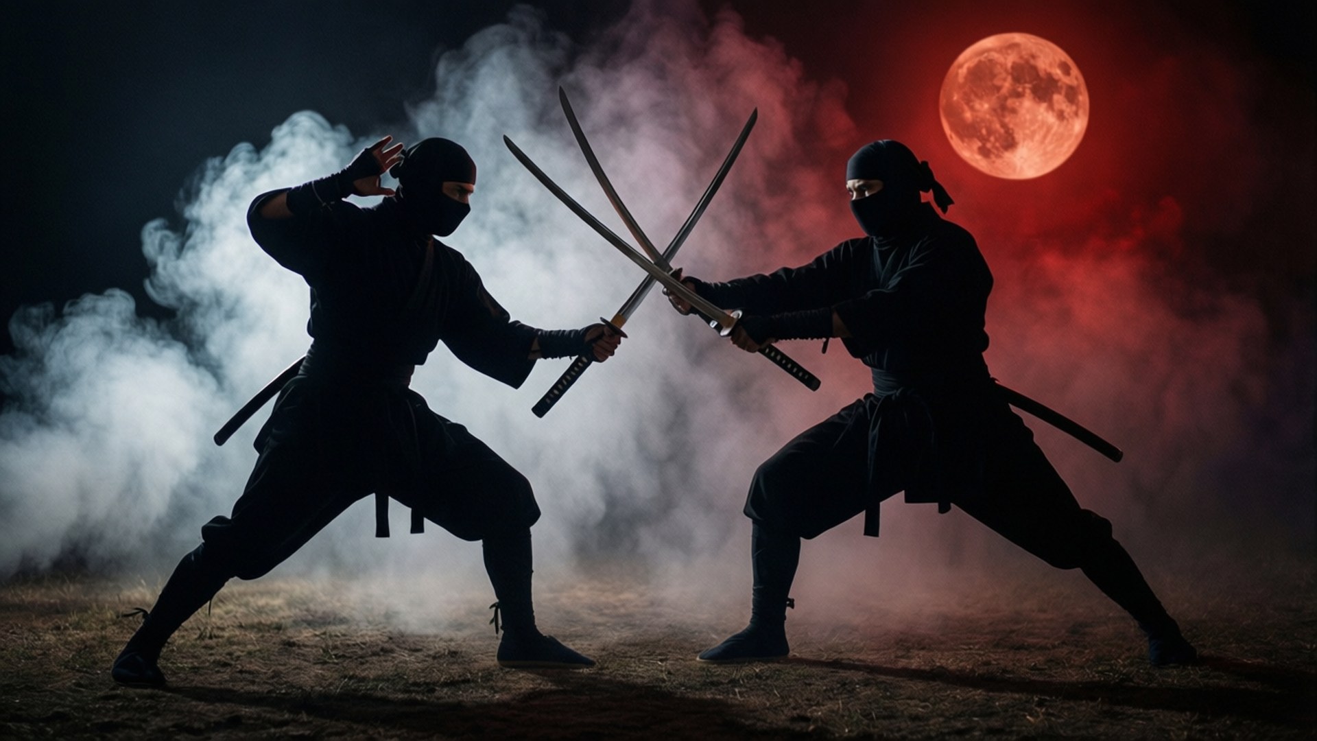 Ninja Sword Duel 壁紙 — 兩名忍者戰士在發光的紅月下，於旋轉的煙霧和黑暗陰影中交鋒劍刃。
