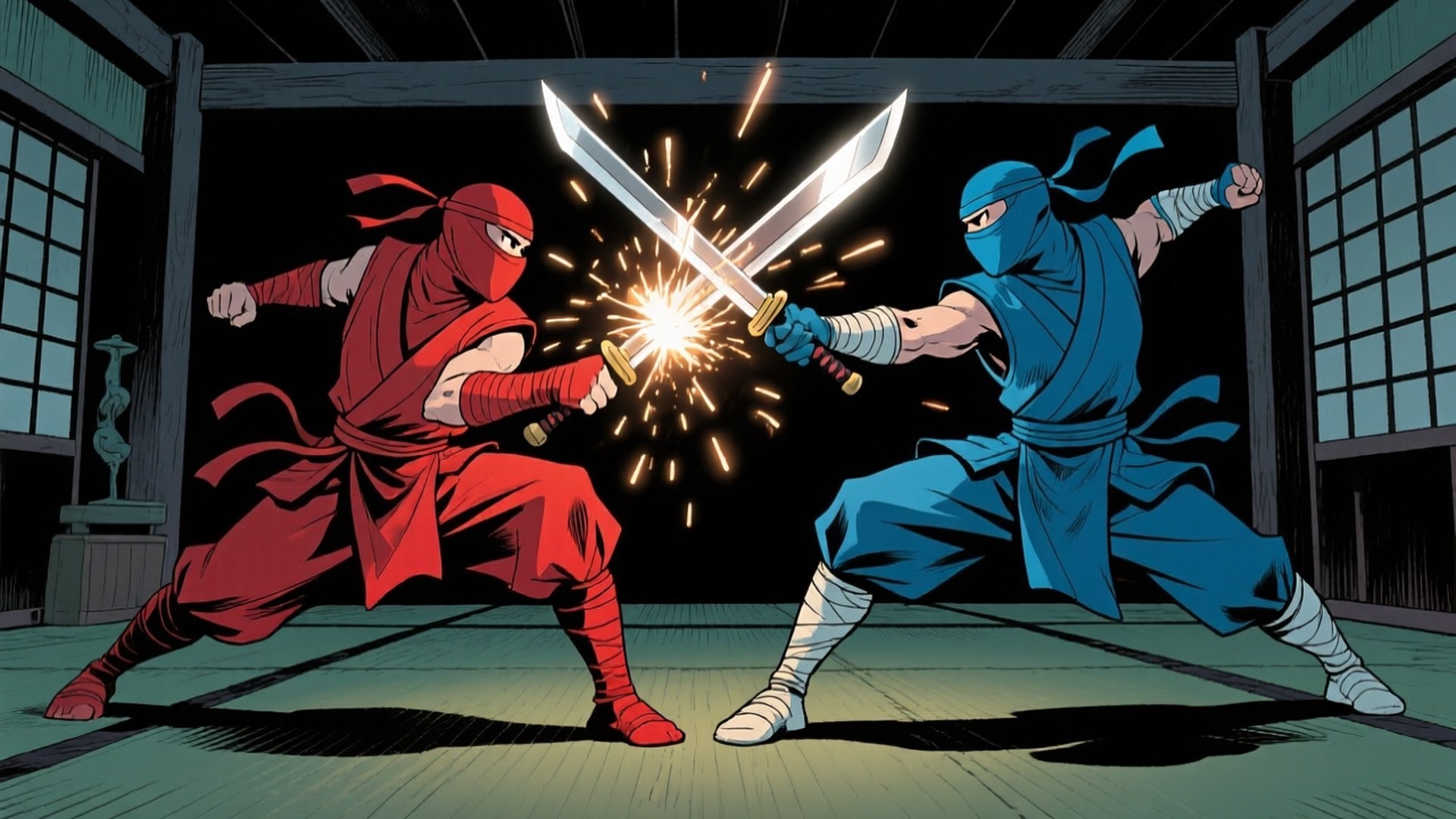 Ninja Duel Sparks 壁紙 — 兩名身穿紅色和藍色的忍者在木製道場中交鋒，劍刃之間火花四濺。