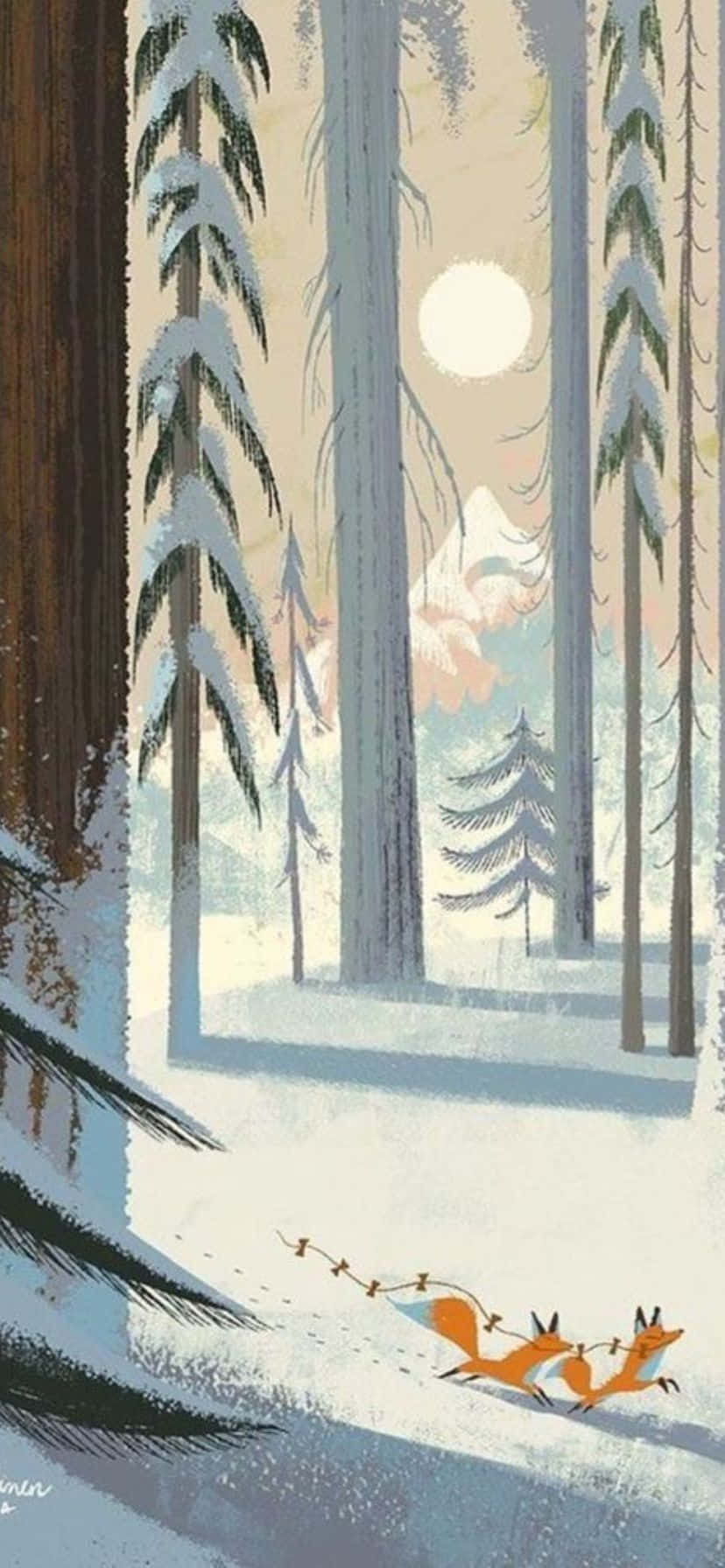  壁紙 — 兩隻橙色狐狸在白雪覆蓋的松樹林中奔馳，頭頂是明亮的滿月，投射出長長的影子。