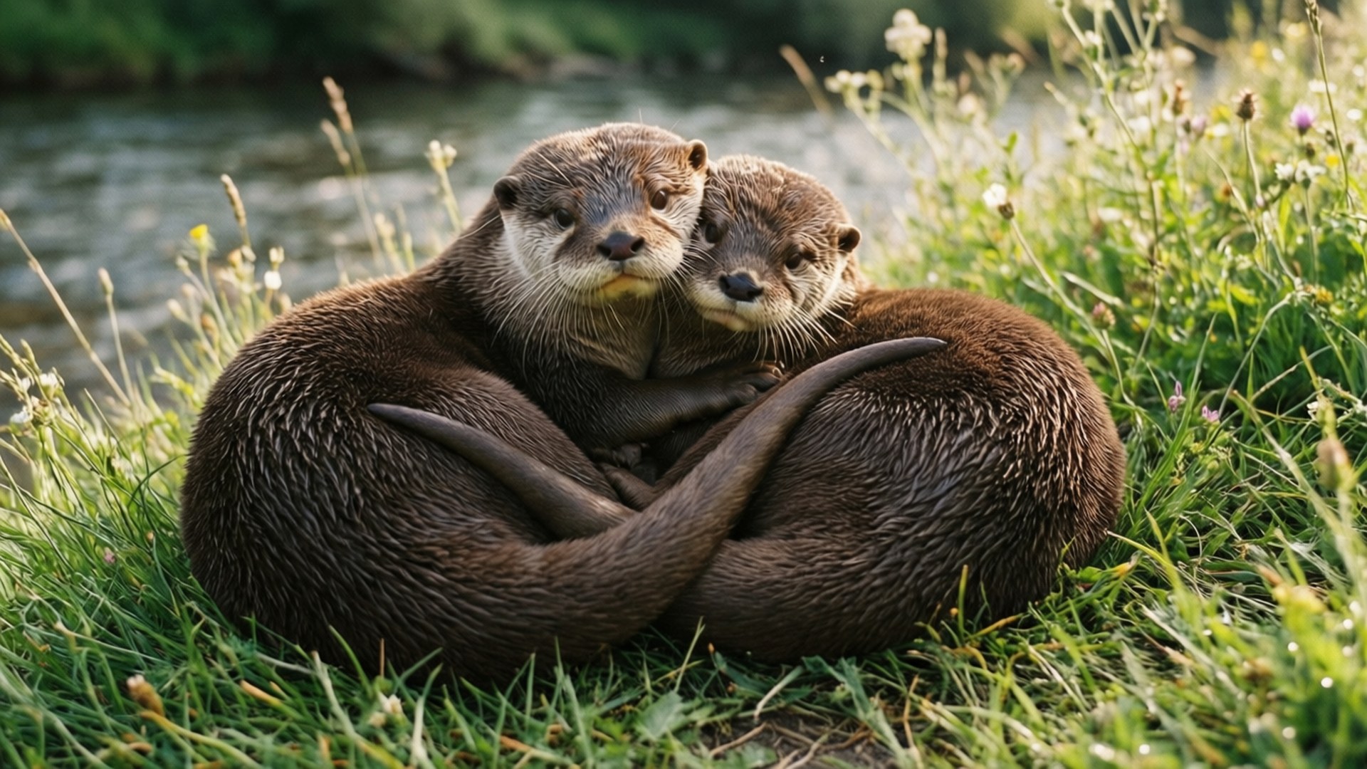 Cuddling Otter Pair 壁紙 — 兩隻水獺在河邊的草地上依偎，旁邊有野花。