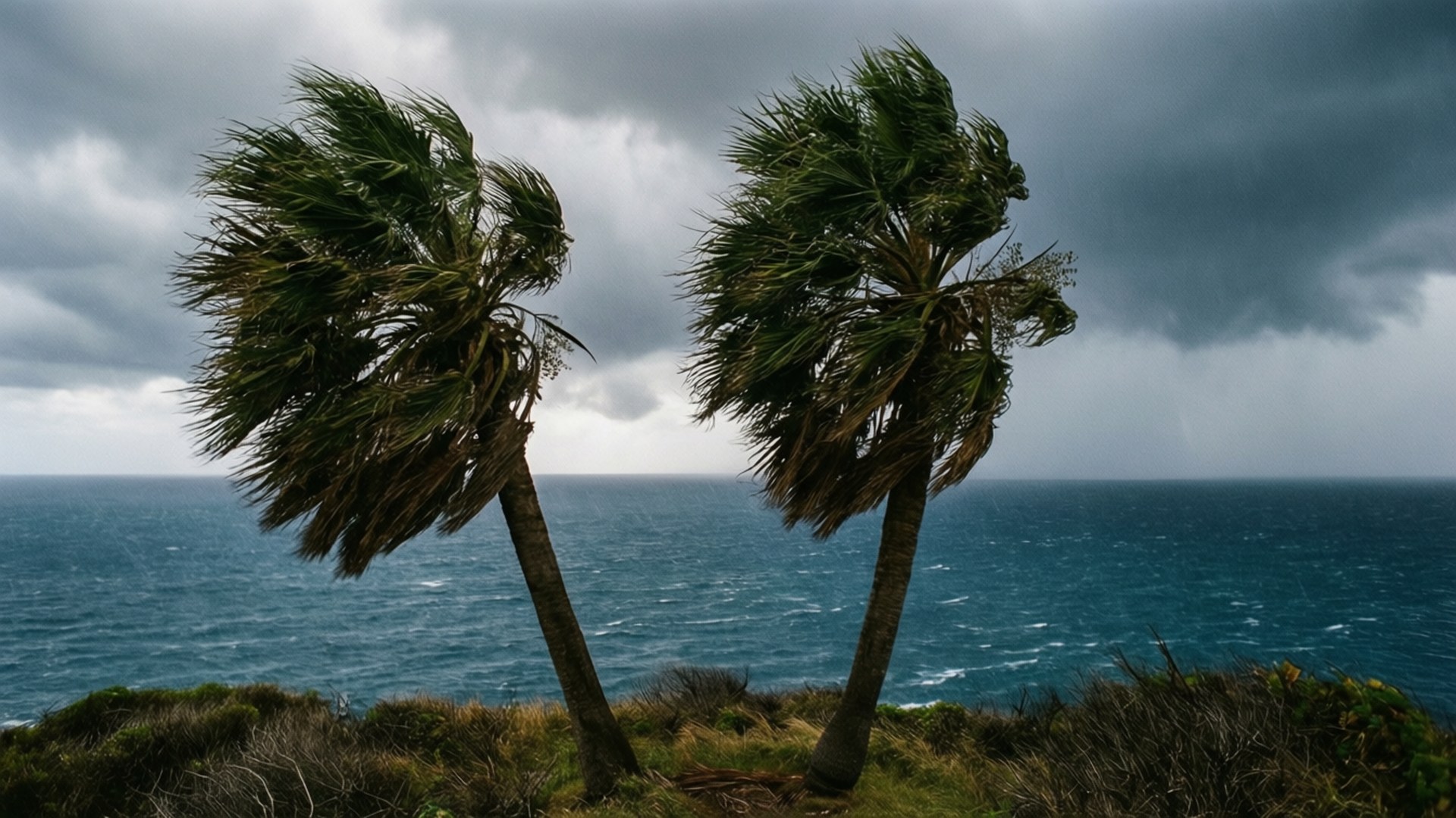 Wind-Swept Cliff Palms 壁紙 — 兩棵棕櫚樹在暴風雨中猛烈彎曲，烏雲籠罩著翻騰的藍色海洋。