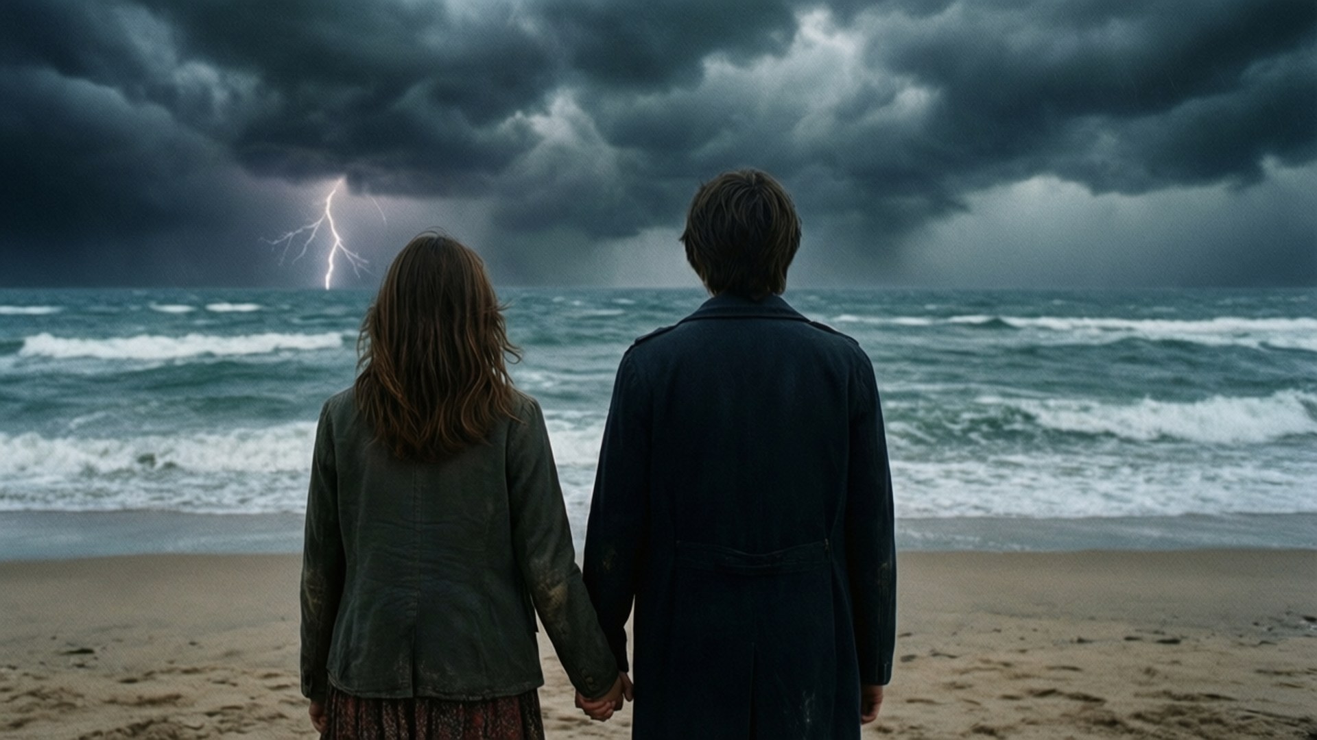 Beach Storm Watch 壁紙 — 兩個人在暴風雨的海灘上牽手，閃電劃過洶湧的海浪。