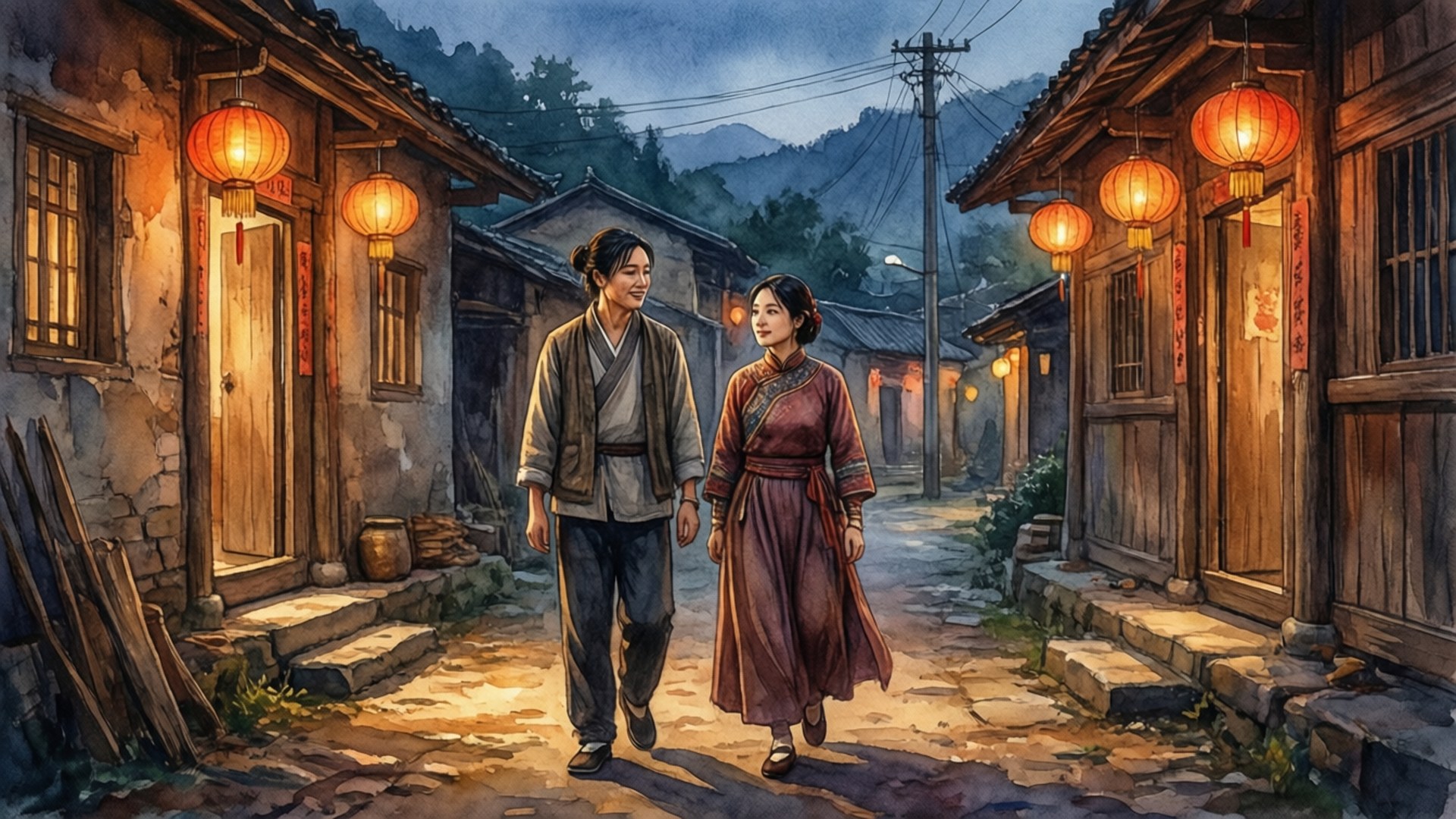 陳情令 桌布 壁紙 — 黃昏時分，兩人在一個傳統村莊的燈籠照亮石巷中漫步，背景有山巒。