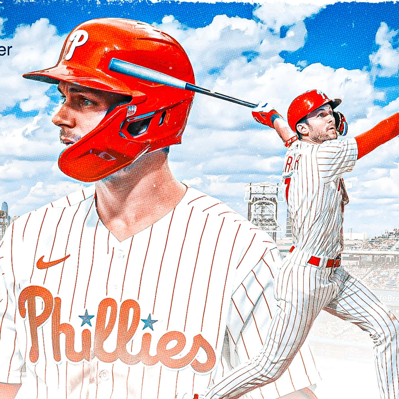 Trea Turner Phillies 桌布 壁紙 — 兩位費城費城人棒球運動員在晴朗藍天白雲下比賽。