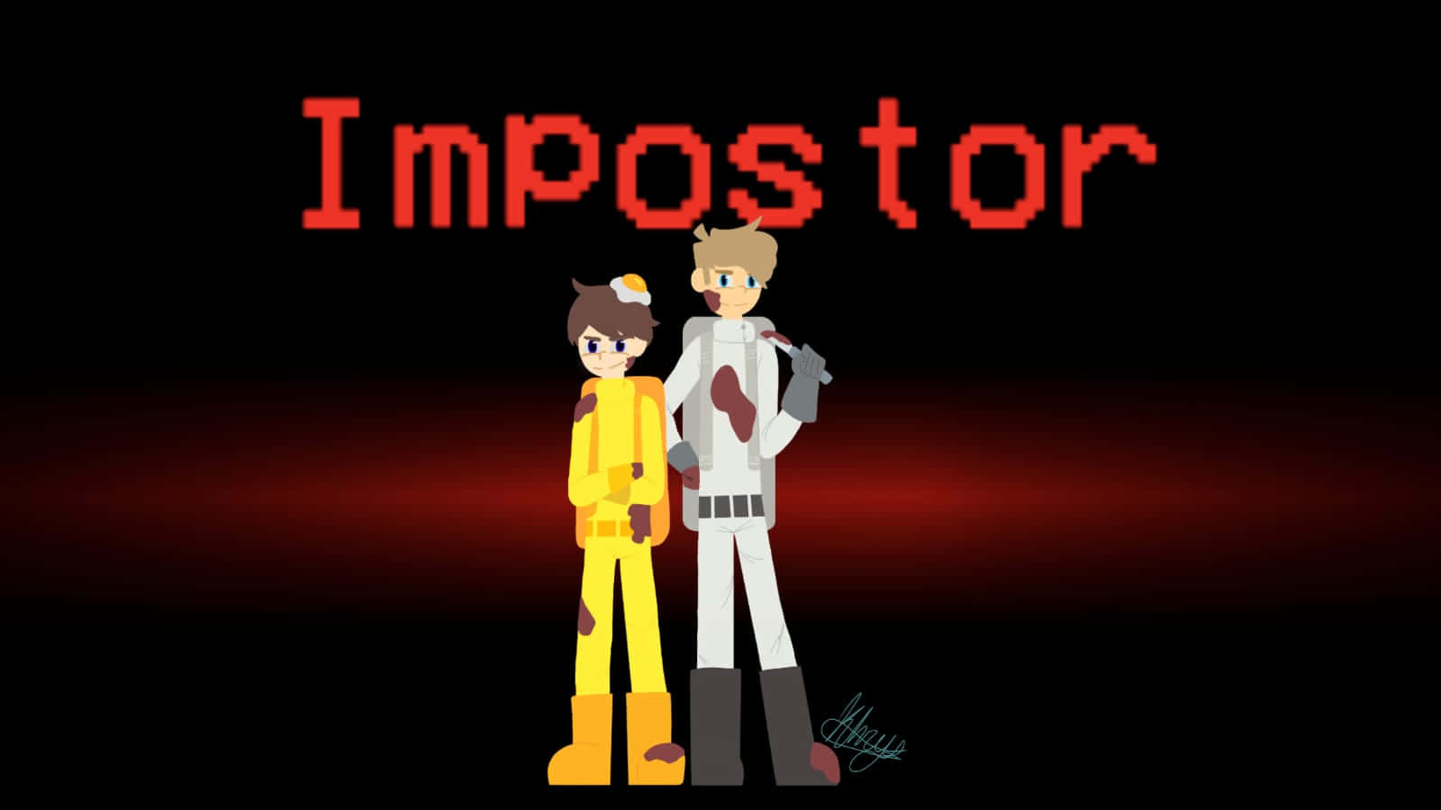 兩個穿著太空衣的遊戲角色站在紅色「Impostor」標題下。 — Among US 壁紙