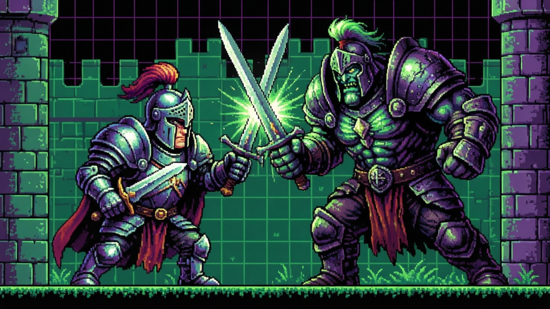 Retro Pixel Battle 壁紙 — 兩個像素化騎士在發光綠色城堡庭院中，在黑暗網格天空下交劍。