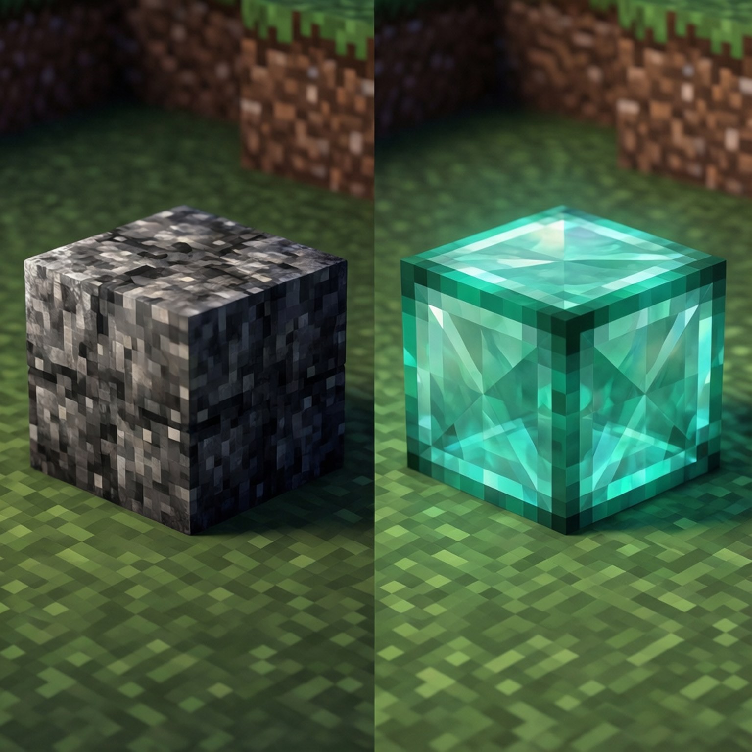 桌布 壁紙 — 兩個像素化的Minecraft方塊，一個是暗色石頭，另一個是發光的綠寶石，在草地上。