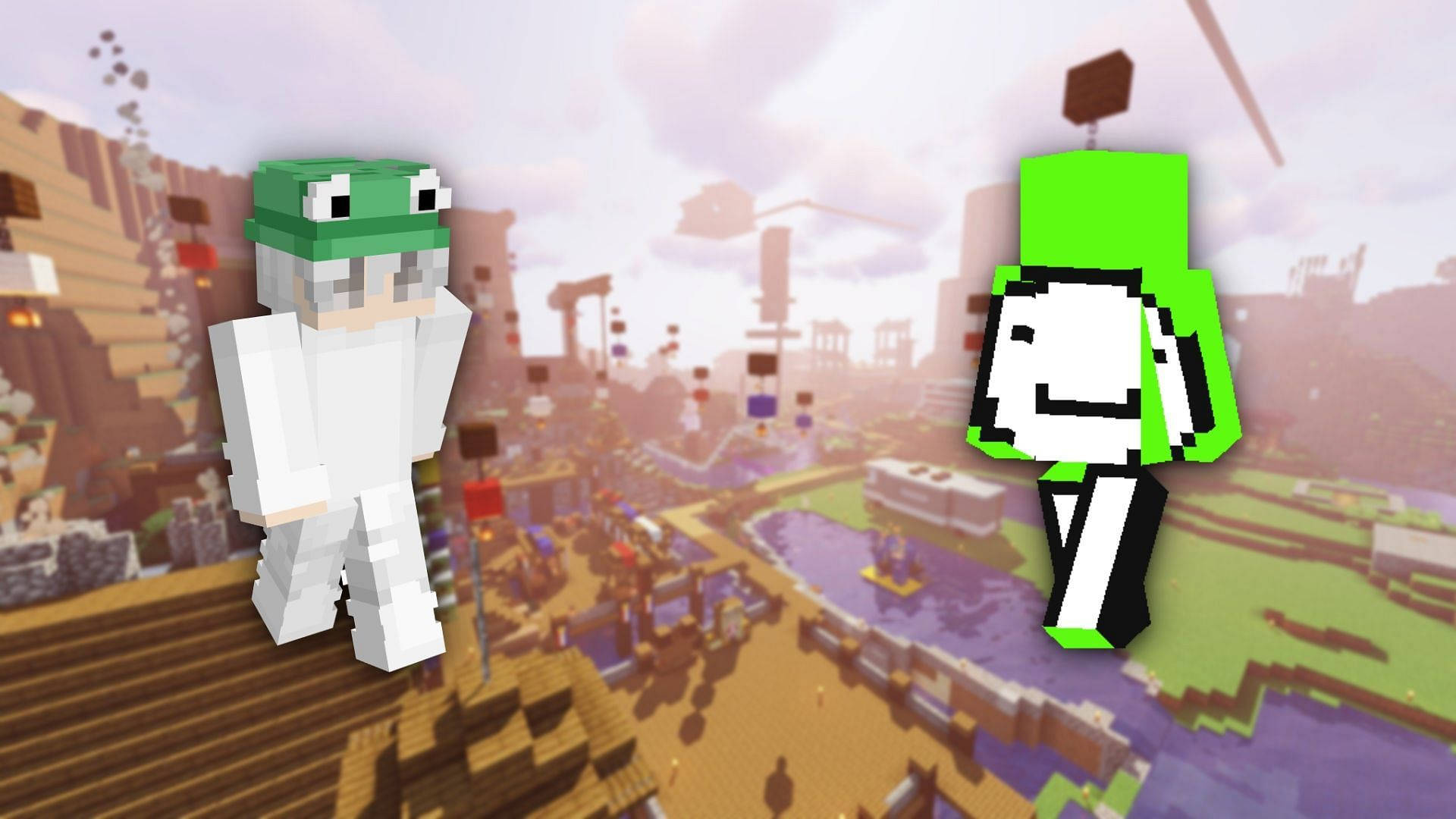 兩個Minecraft風格的角色俯瞰一個帶有漂浮建築的像素城市。 — 我的世界 夢境 壁紙