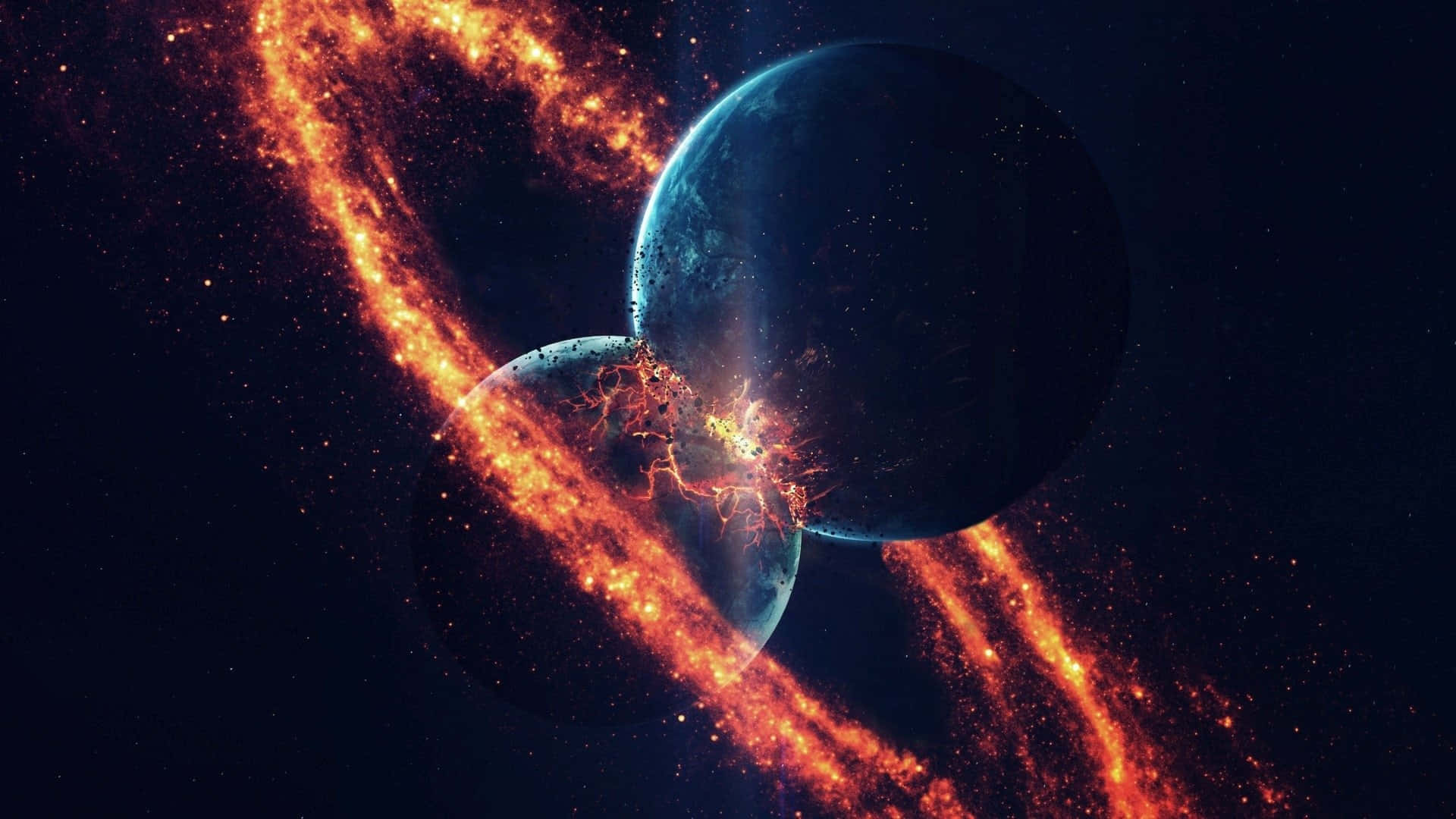  壁紙 — 兩顆行星在佈滿星空的黑暗虛空中，於一場熾熱橙色能量的宇宙爆炸中相撞。