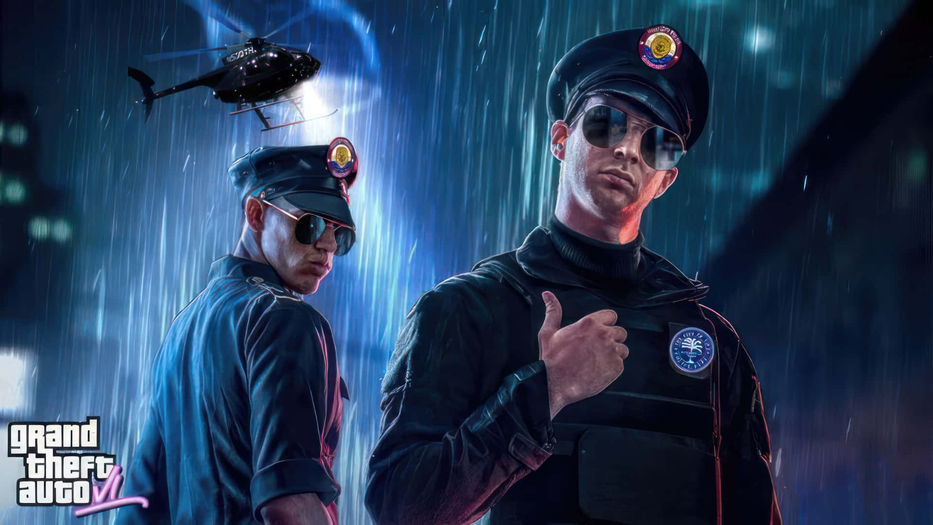  壁紙 — 兩名警察站在下雨的霓虹燈城市街道上，一架直升機在頭頂盤旋，構成戲劇性的夜景。