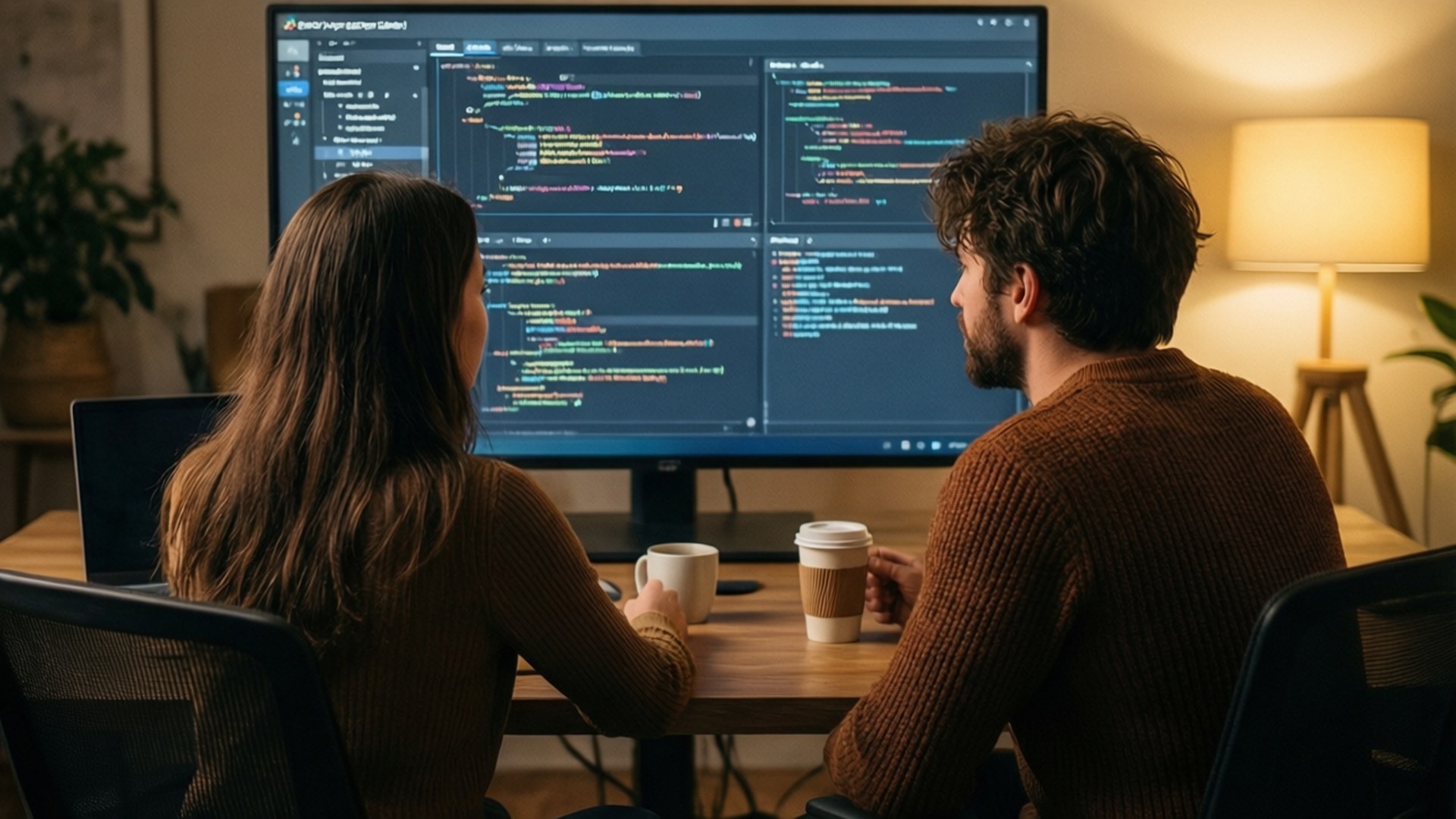 Pair Programming 壁紙 — 兩位程式設計師坐在木桌前，面對一個大型顯示器，顯示器上顯示深色主題的彩色程式碼，並有燈泡的溫暖環境照明。