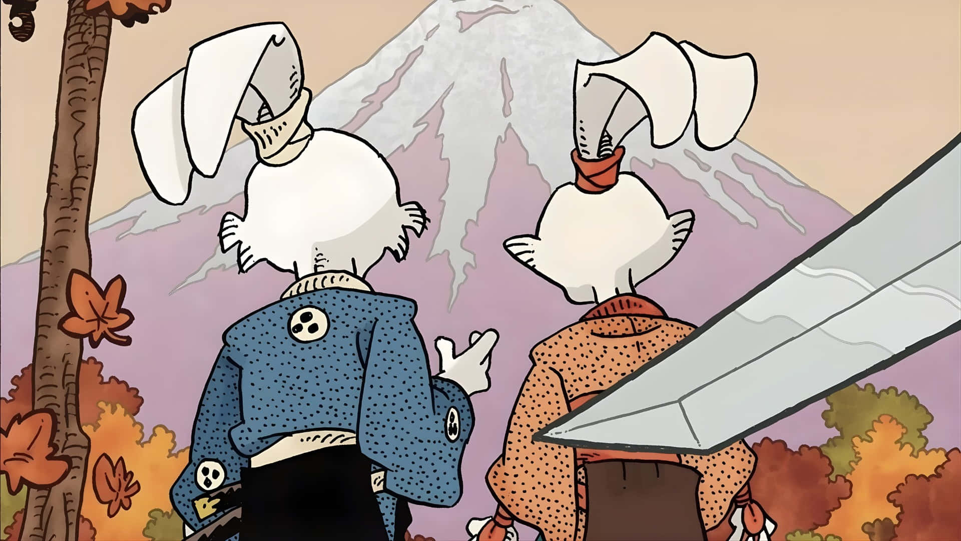  壁紙 — 兩個像兔子的角色穿著傳統長袍站在富士山前，秋天的樹葉在他們周圍旋轉。
