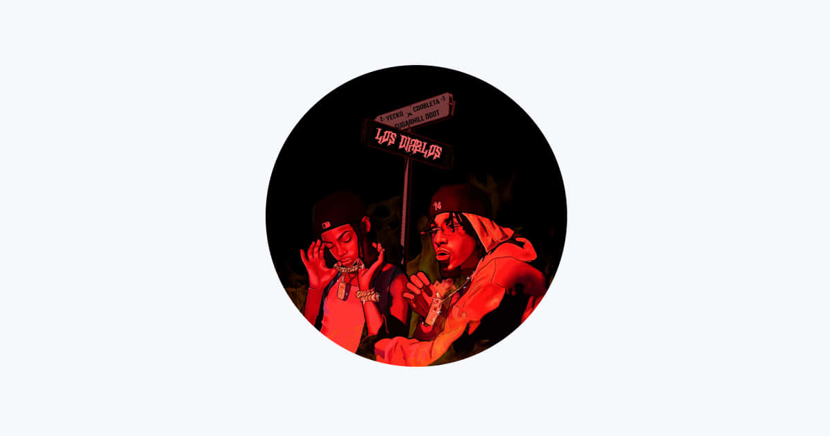  壁紙 — 兩位說唱歌手在紅色燈光的圓圈中，手持寫有「Satan's Lot」的路牌，在黑暗背景下擺姿勢。