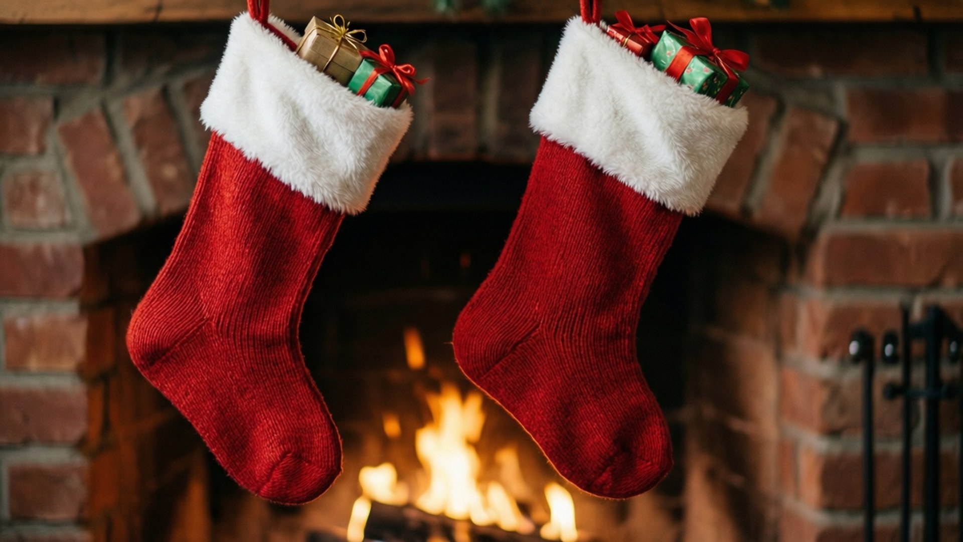 Christmas Stockings by Fireplace 壁紙 — 兩隻帶白色飾邊的紅色聖誕襪掛在溫暖發光的壁爐上方，壁爐裡裝滿了燃燒的木柴。