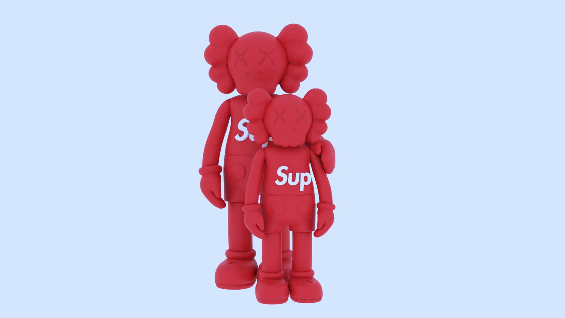 兩個帶有 'Sup' 標誌的紅色 KAWS 公仔背對背站立。 — Kaws 壁紙