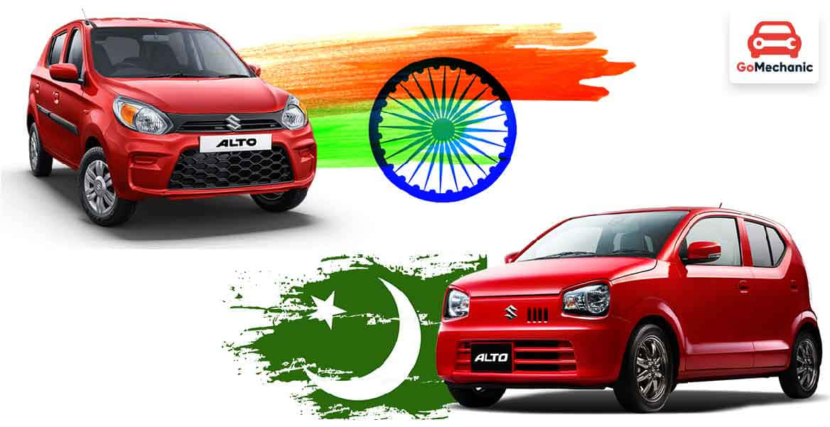Suzuki Alto 桌布 壁紙 — 兩輛紅色鈴木Alto汽車在風格化的印度和巴基斯坦國旗背景下展示。