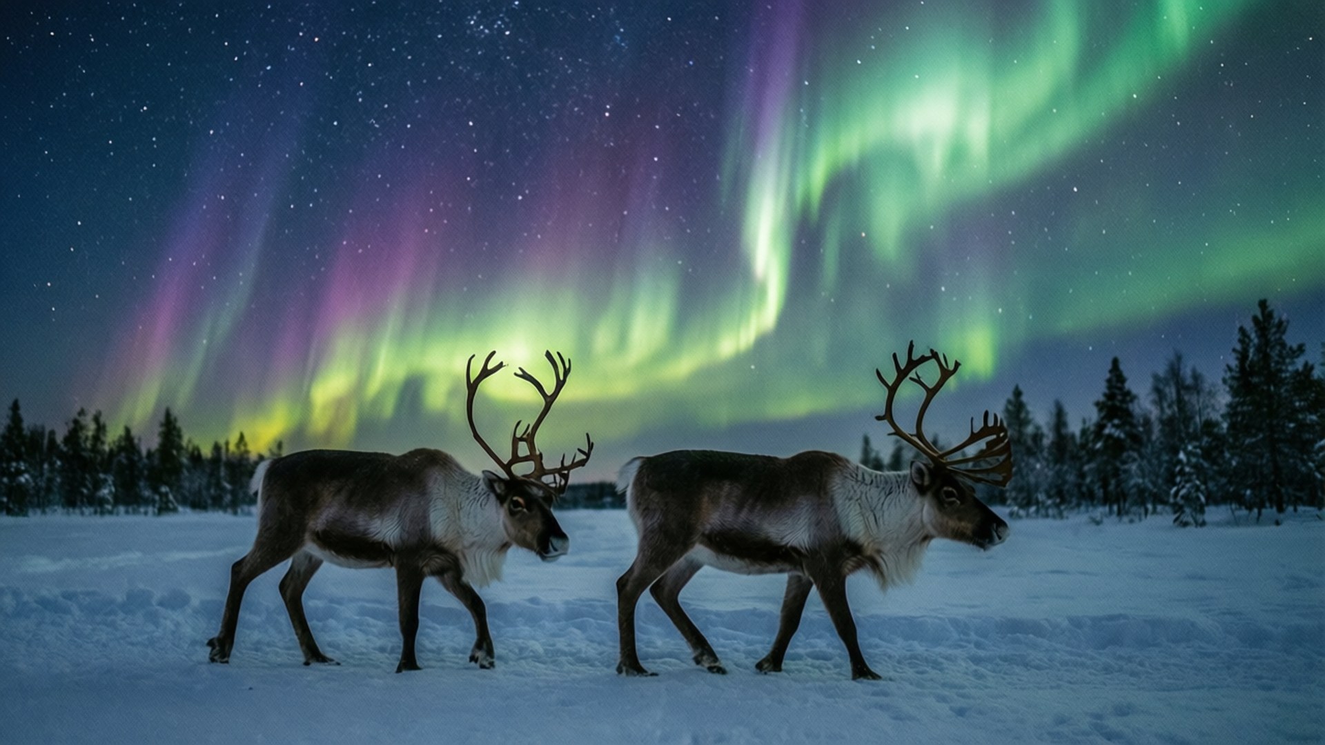Reindeer Under Aurora 壁紙 — 兩隻帶有鹿角的馴鹿在雪地上行走，上方是舞動的鮮綠色和紫色北極光，背景是繁星點點的夜空。