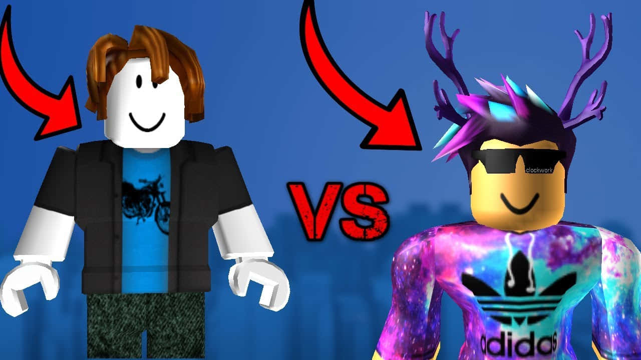 兩個 Roblox 角色在對戰中，一個樸素，另一個閃亮且有鹿角。 — Roblox 壁紙