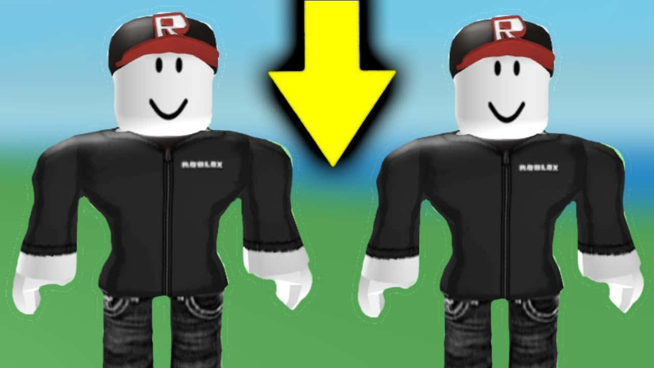 兩個身穿黑色外套和紅色帽子的 Roblox 頭像，中間有一個黃色箭頭。 — Roblox 壁紙
