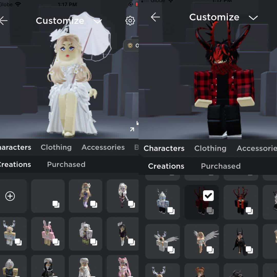 自訂畫面中的兩個 Roblox 頭像，一個打扮成新娘，另一個有紅色角。 — Roblox 壁紙