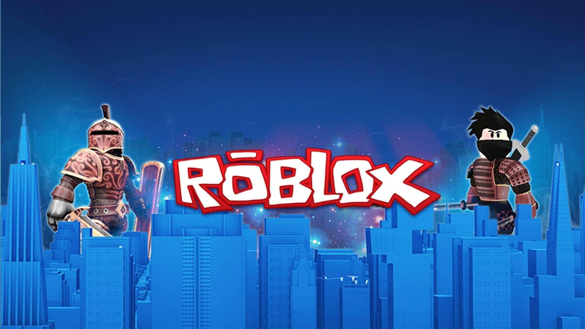 兩個 Roblox 角色在藍色城市天際線上，帶有發光的燈光和 Roblox 標誌。 — Roblox 壁紙