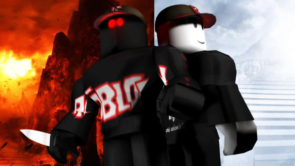 兩個 Roblox 虛擬角色背對背站立，面對相反的環境：火與雪。 — 1366X768 壁紙