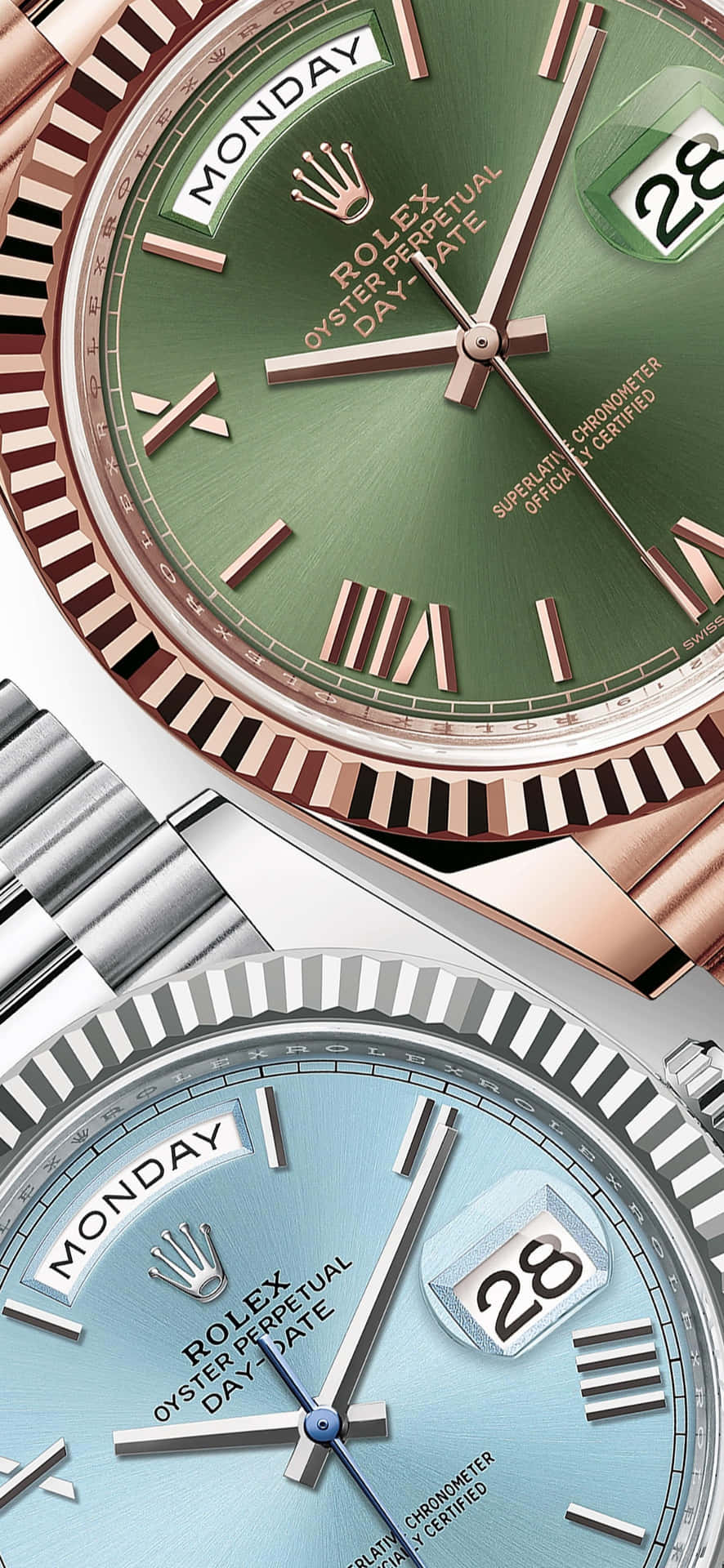  壁紙 — 兩款勞力士Oyster Perpetual Day-Date手錶，配備綠色和藍色錶盤，特寫顯示星期一和日期28。