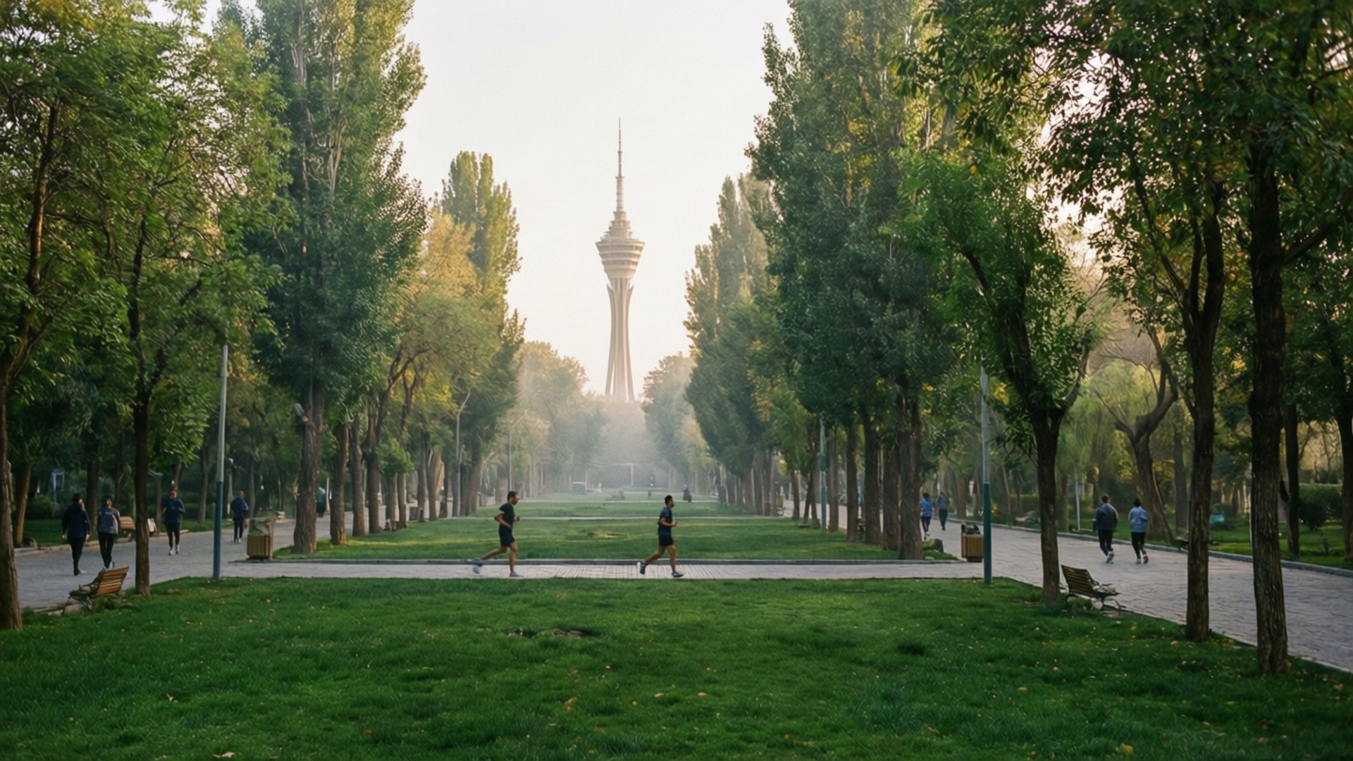 Morning in Laleh Park 壁紙 — 兩名跑者沿著綠樹成蔭的公園小徑衝刺，遠處朦朧中聳立著米拉德塔。