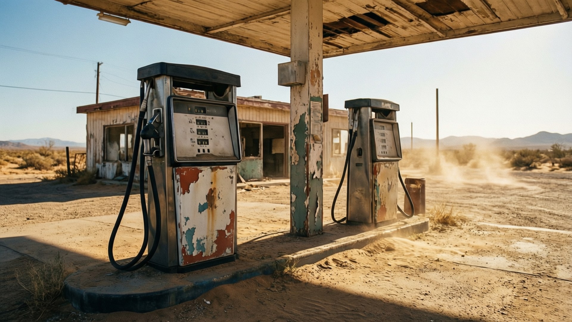 Deserted Desert Station 壁紙 — 兩個生鏽的復古汽油泵站在一個破舊的遮陽篷下，位於塵土飛揚的沙漠中，遠處有山脈。