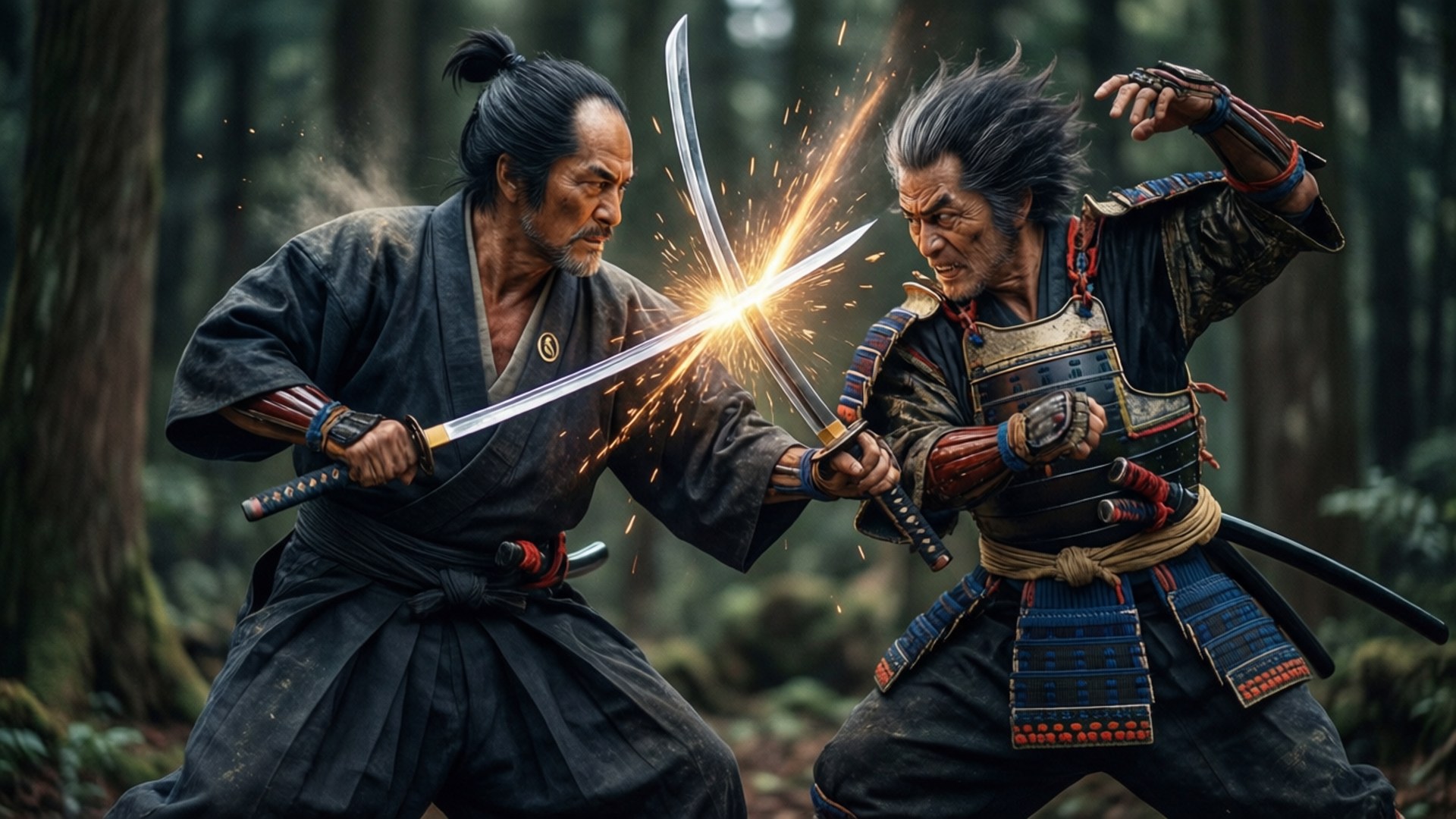 Clash of Pillars 壁紙 — 兩名武士在森林中交鋒，刀劍碰撞，火花四濺，激烈戰鬥。