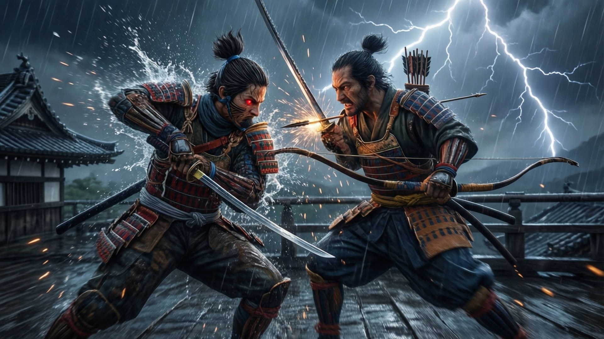 Battle with Genichiro 壁紙 — 兩個武士在雷暴中的木橋上交鋒，閃電照亮了他們激烈的戰鬥。