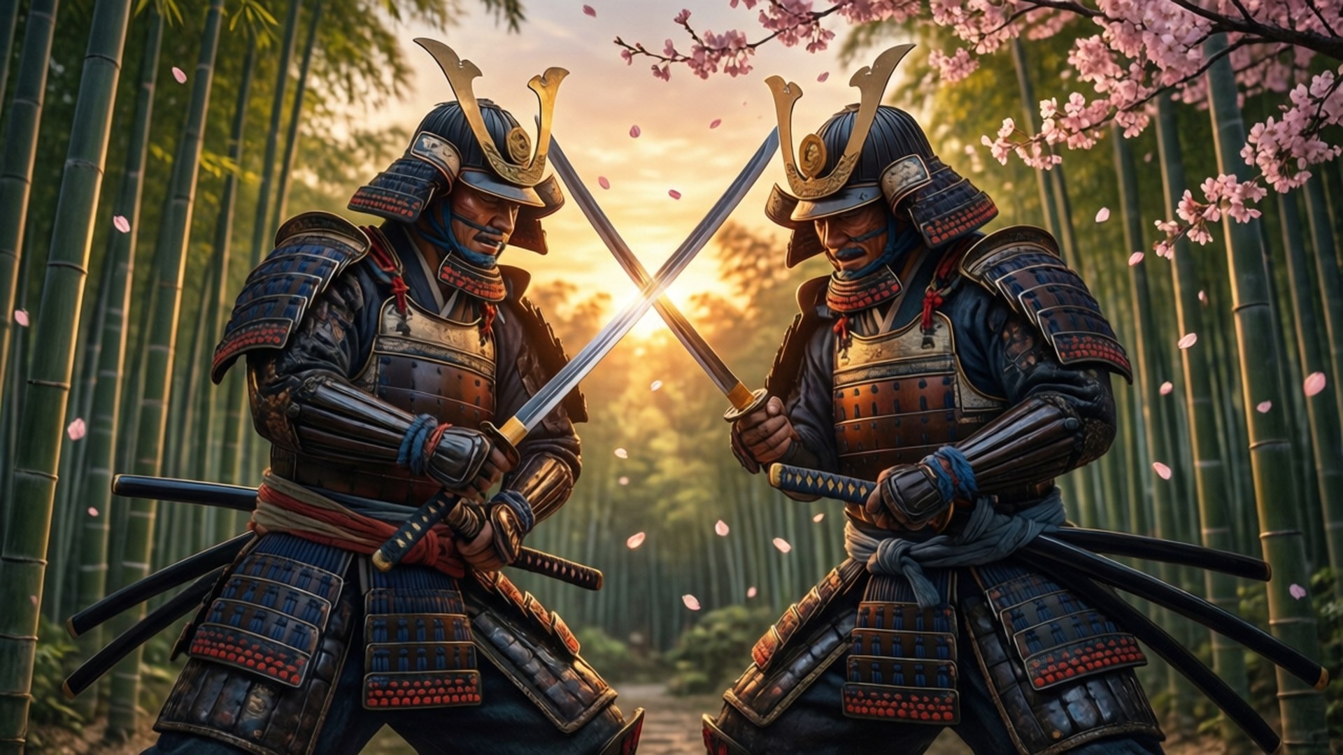 Epic Samurai Duel 壁紙 — 兩個身穿精細盔甲的武士在竹林裡交鋒，櫻花在夕陽下飄落。