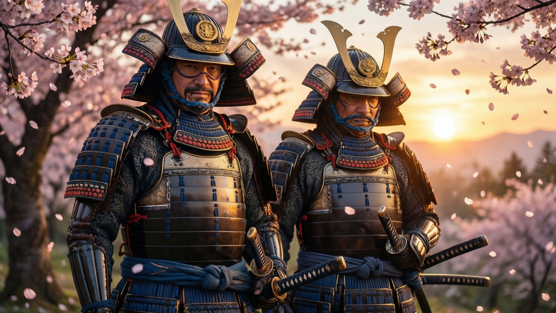 Samurai Knights 壁紙 — 兩名身穿精細藍金鎧甲的武士站在盛開的櫻花樹下，夕陽將天空染上溫暖色調。