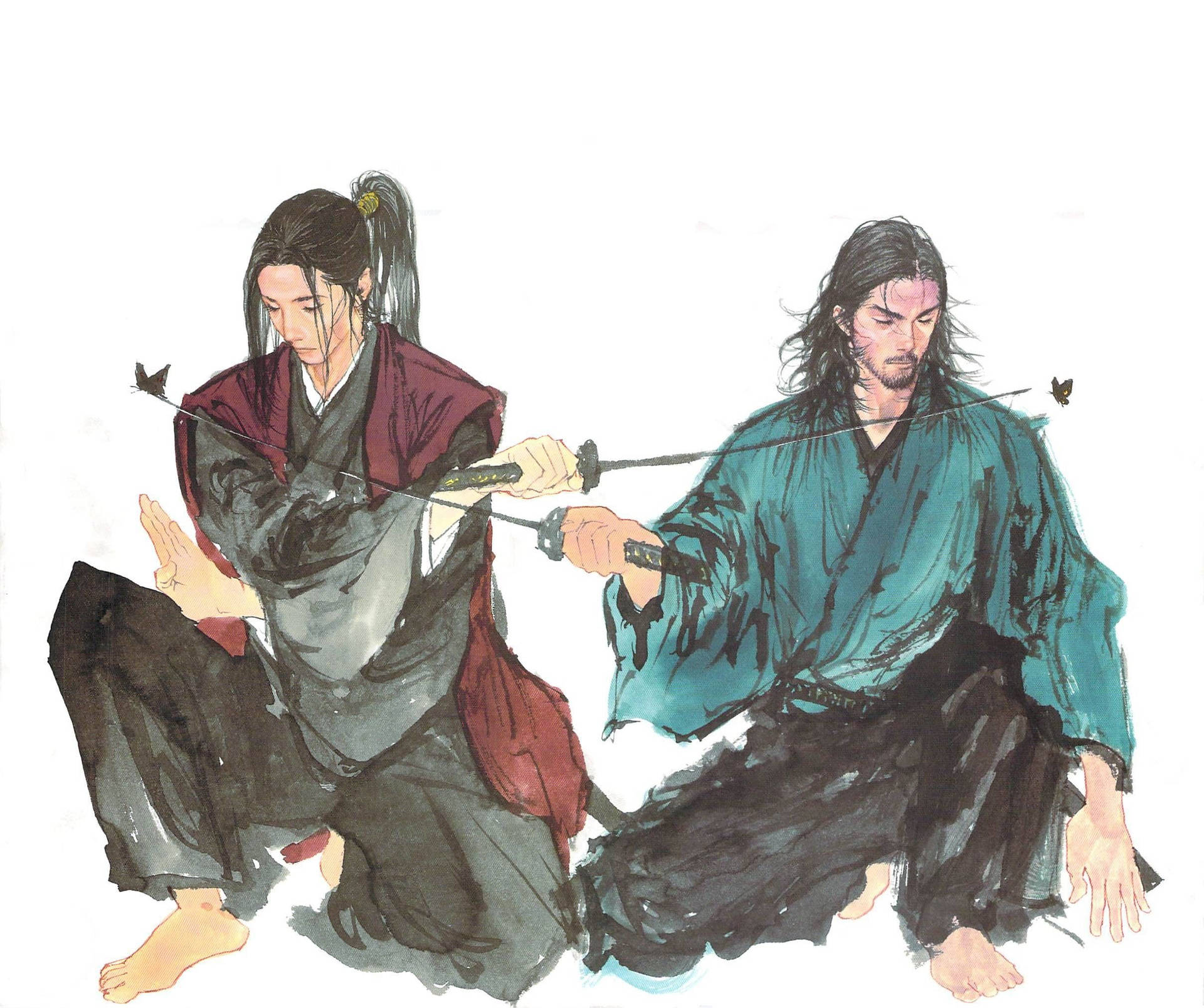 兩名身穿傳統長袍的武士在蝴蝶飛舞的附近用劍決鬥。 — 日式藝術 壁紙
