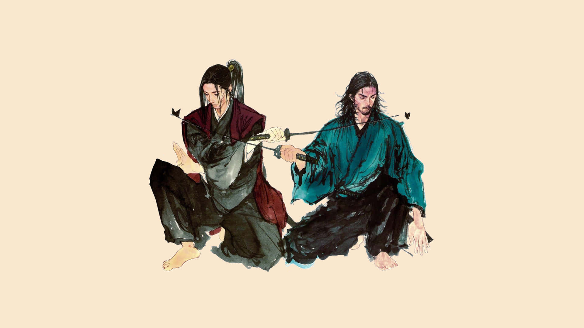  壁紙 — 兩名身穿傳統長袍的武士在純米色背景前進行緊張的決鬥，刀劍相交。