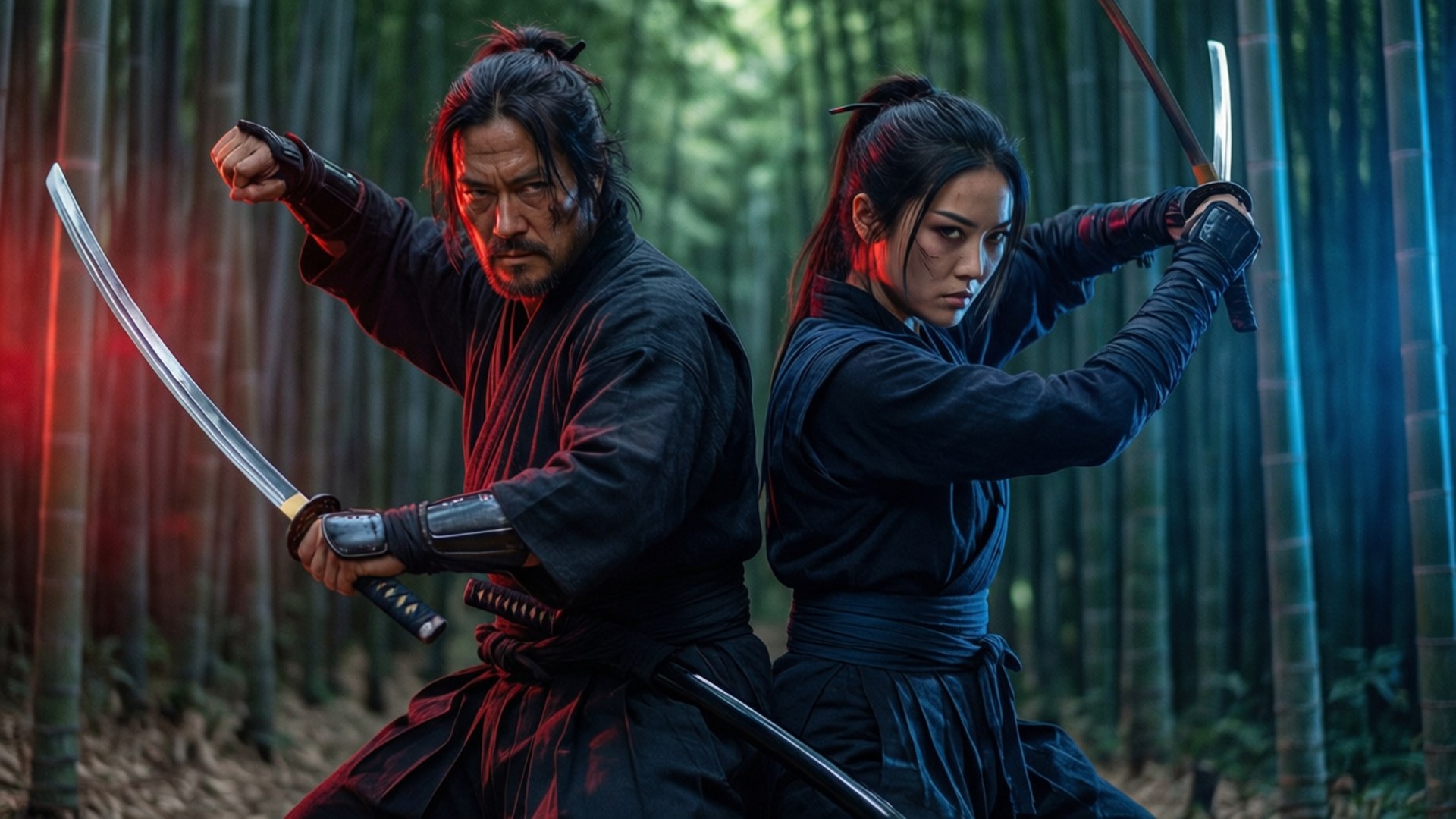 Ronin 桌布 壁紙 — 兩名身穿深色長袍的武士在紅藍光籠罩的竹林中持劍擺好姿勢。