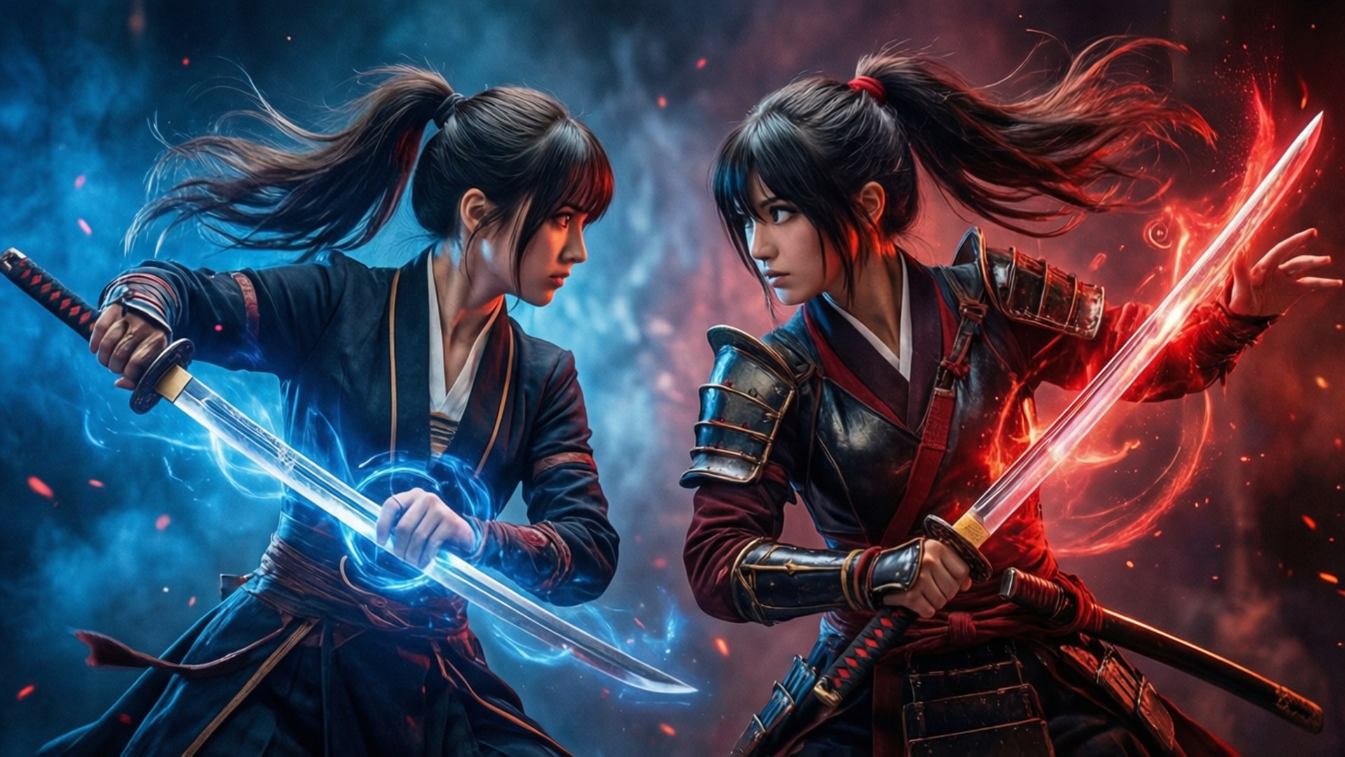 Clash of Styles 壁紙 — 兩名女武士交鋒，一把劍發出藍光，另一把發出紅光，火花在黑暗的宇宙背景下飛濺。