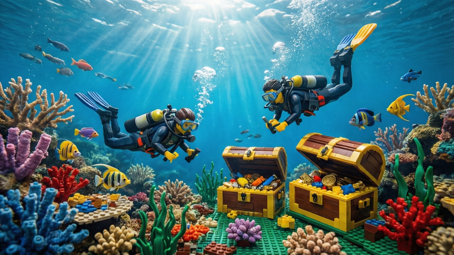 Lego Underwater Realm 壁紙 — 兩名水肺潛水員探索充滿活力的珊瑚礁，並在水下發現裝滿LEGO黃金的寶箱。