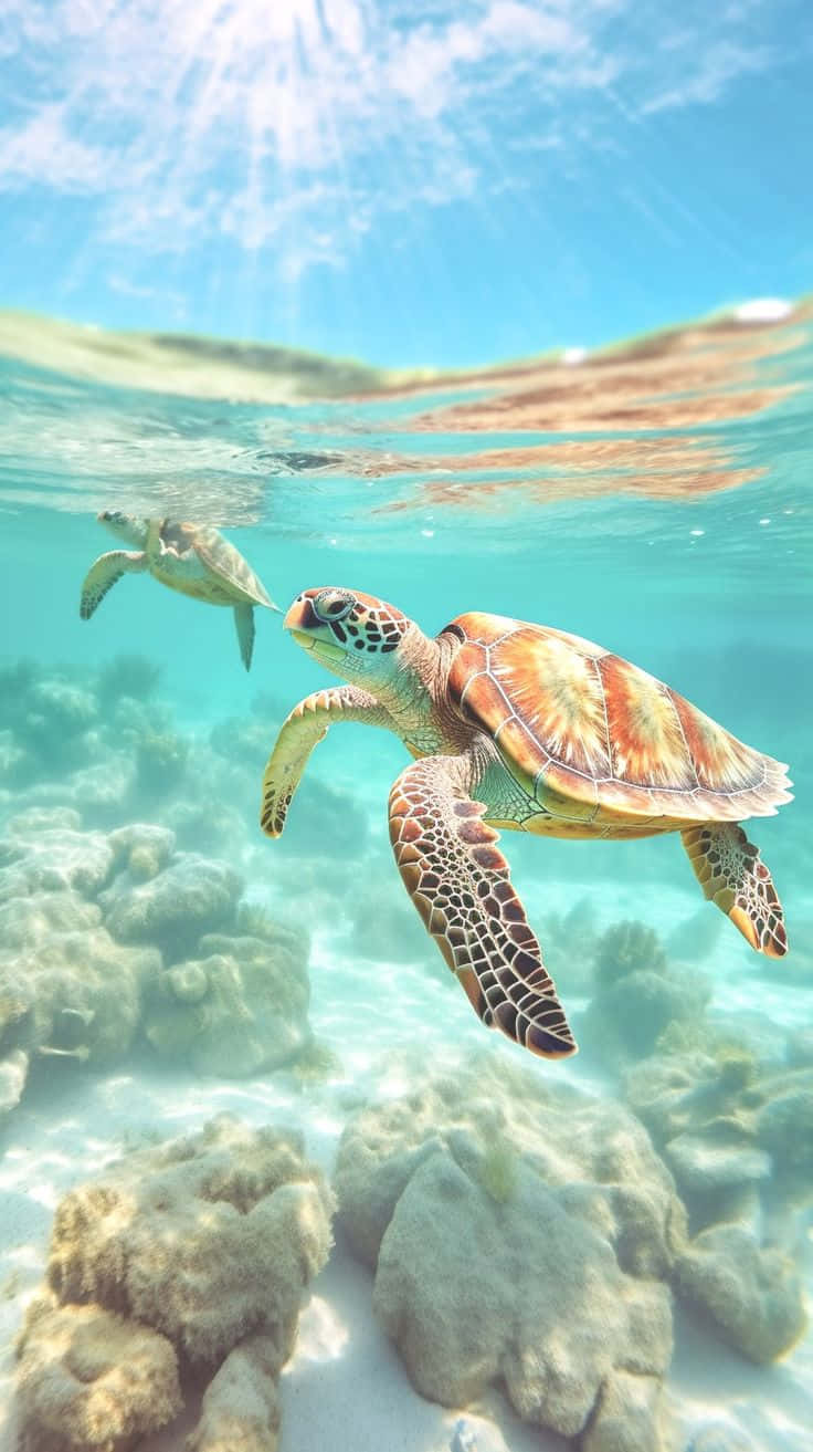  壁紙 — 兩隻海龜在水晶般清澈的碧綠海水下，優雅地滑過陽光普照的珊瑚礁。