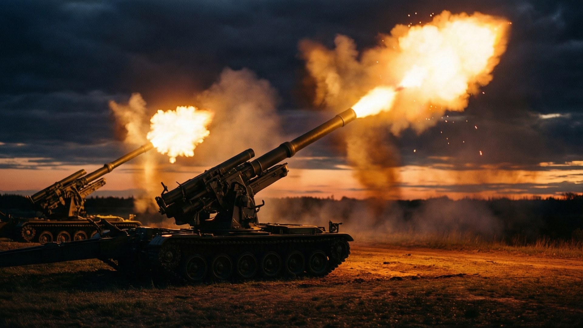 Artillery Barrage 壁紙 — 兩門自走榴彈砲在黃昏的田野中同時開火，在漸暗的天空中投射出熾熱的橙色爆炸。